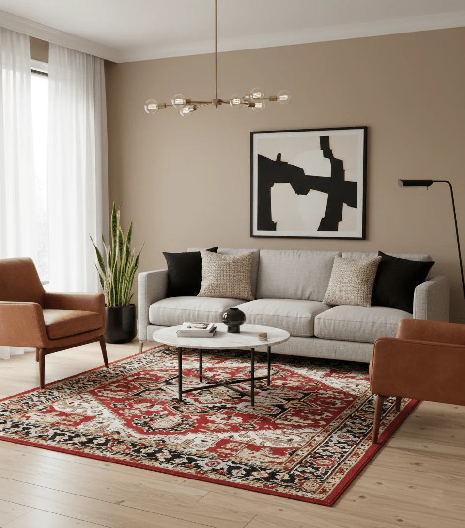 Custom Made Traditional Heriz Rust, Ivory, Black and Beige Hand knotted Medallion Wool Area Rug - Image 2