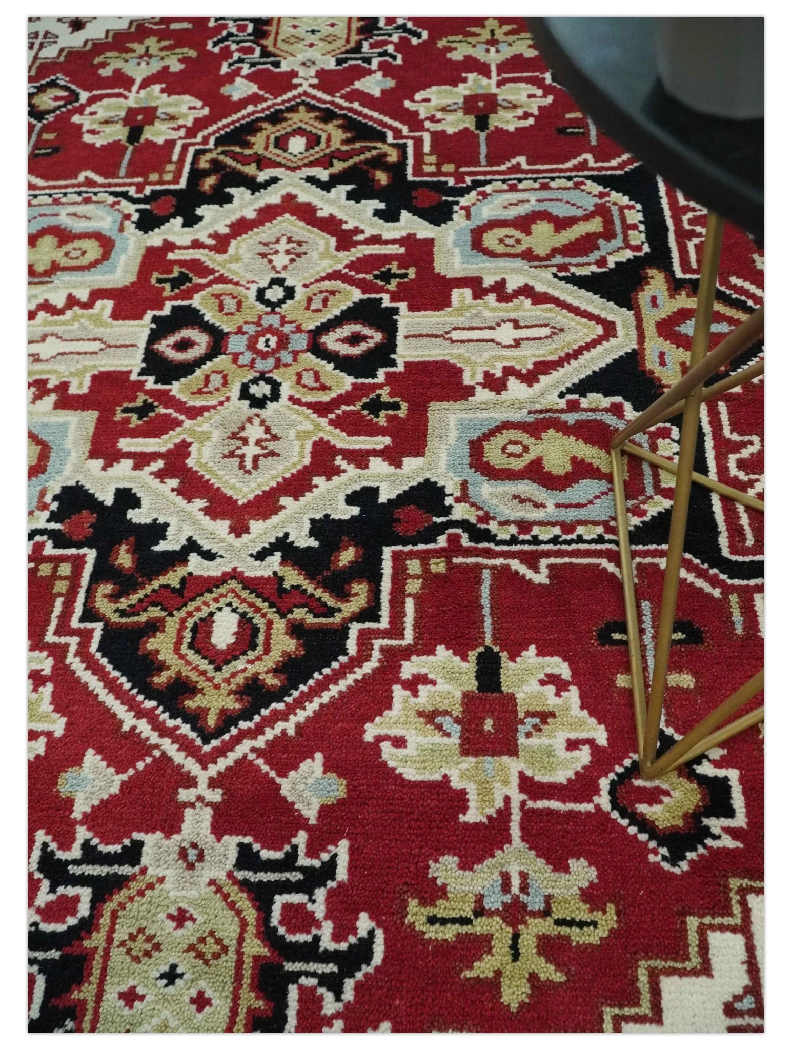 Custom Made Traditional Heriz Rust, Ivory, Black and Beige Hand knotted Medallion Wool Area Rug - Image 3