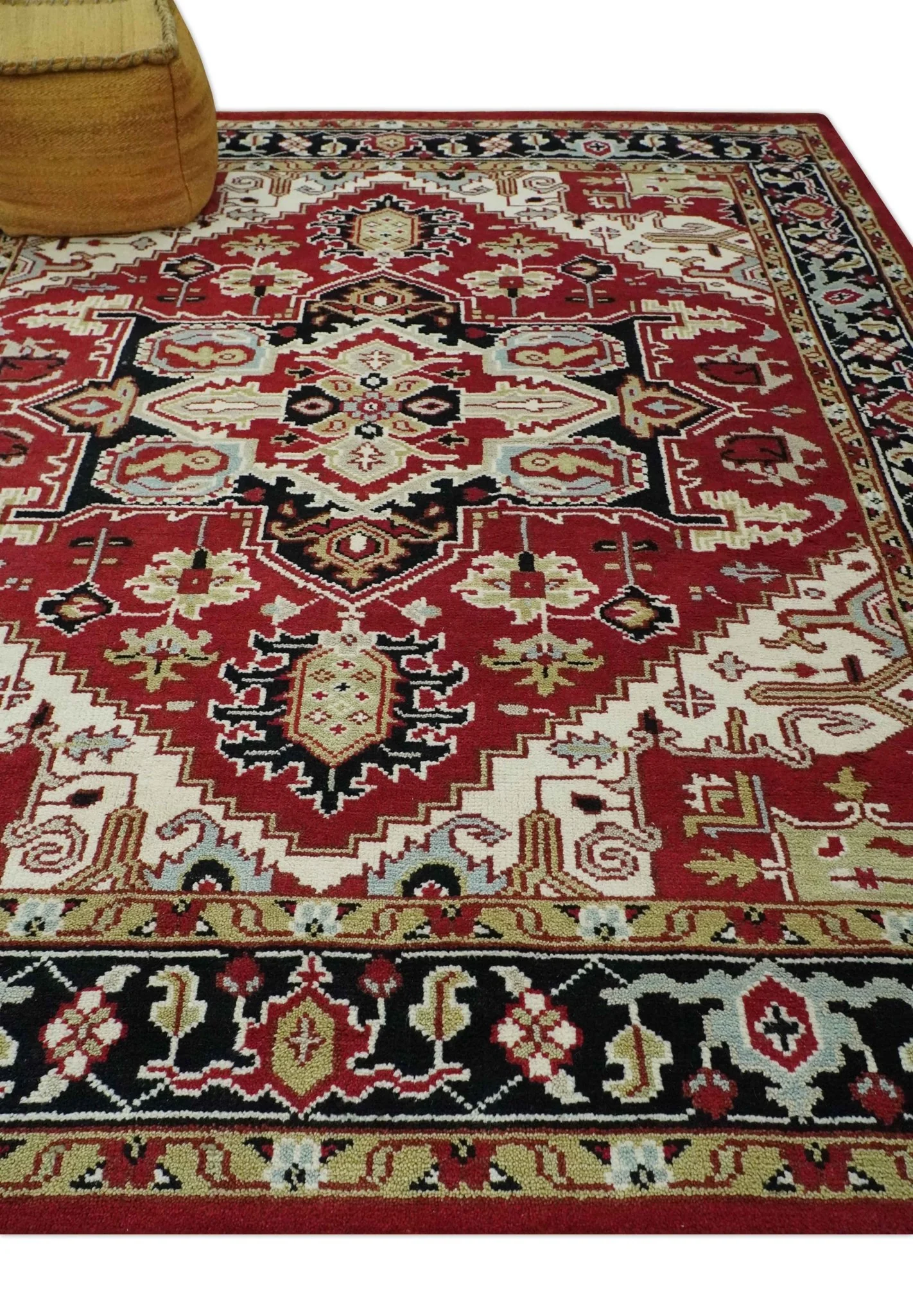 Custom Made Traditional Heriz Rust, Ivory, Black and Beige Hand knotted Medallion Wool Area Rug - Image 4