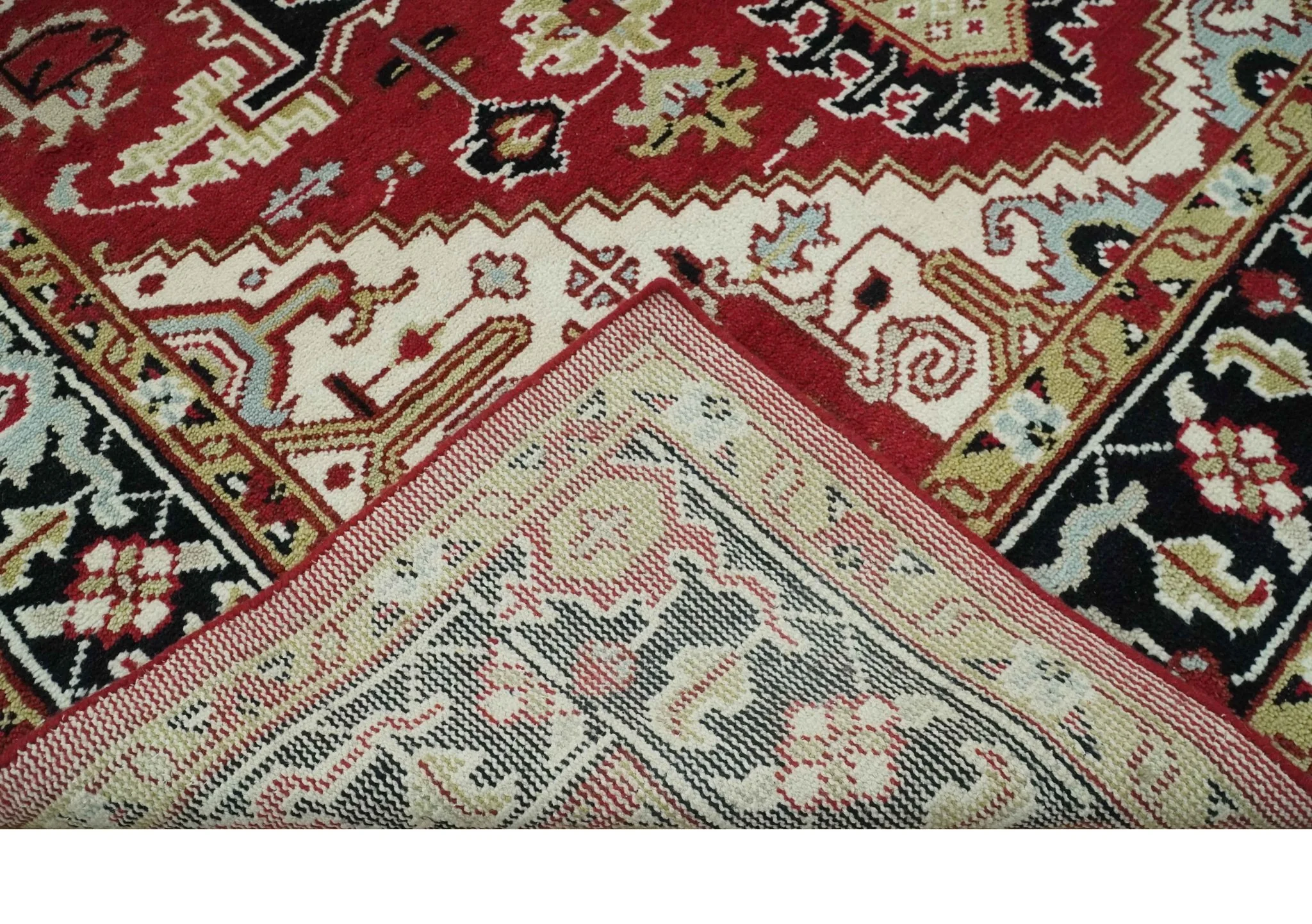 Custom Made Traditional Heriz Rust, Ivory, Black and Beige Hand knotted Medallion Wool Area Rug - Image 8
