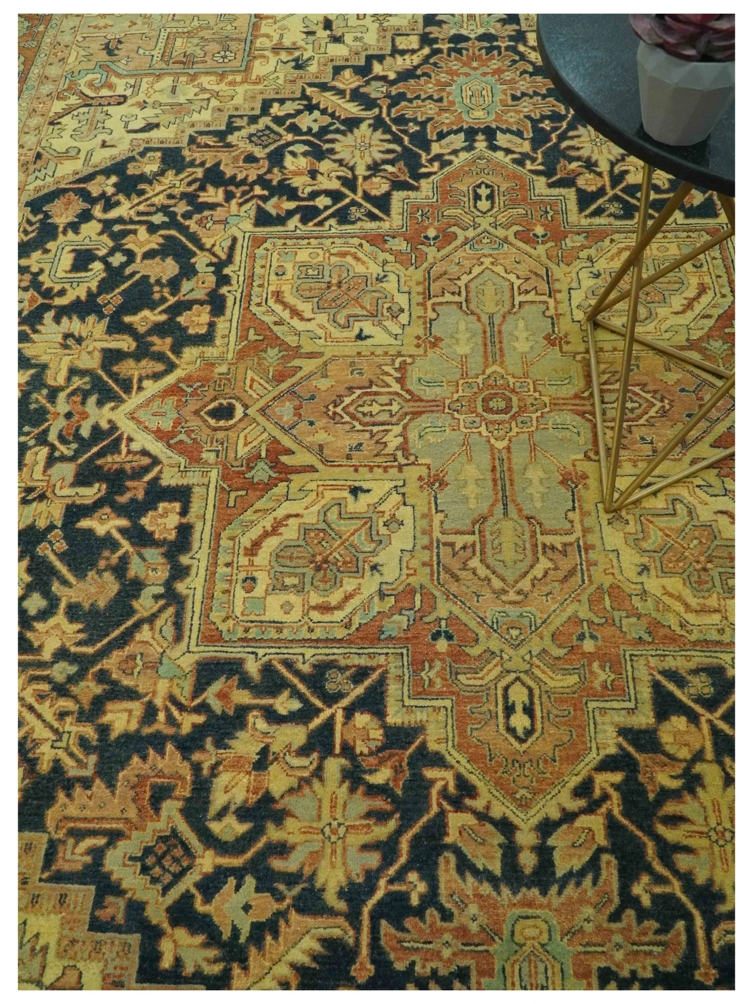 Traditional Heriz Vintage Style Fine Hand Knotted Gold, Blue and Rust Wool area Rug - Image 2