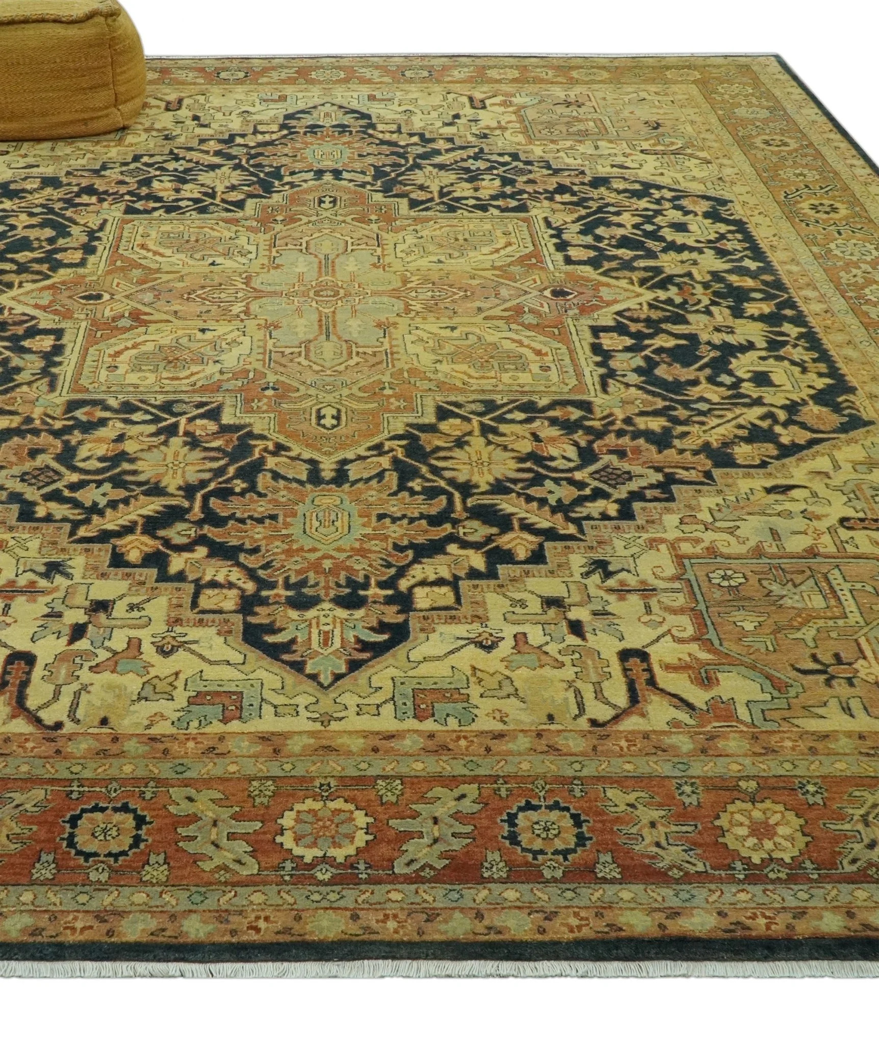 Traditional Heriz Vintage Style Fine Hand Knotted Gold, Blue and Rust Wool area Rug - Image 3