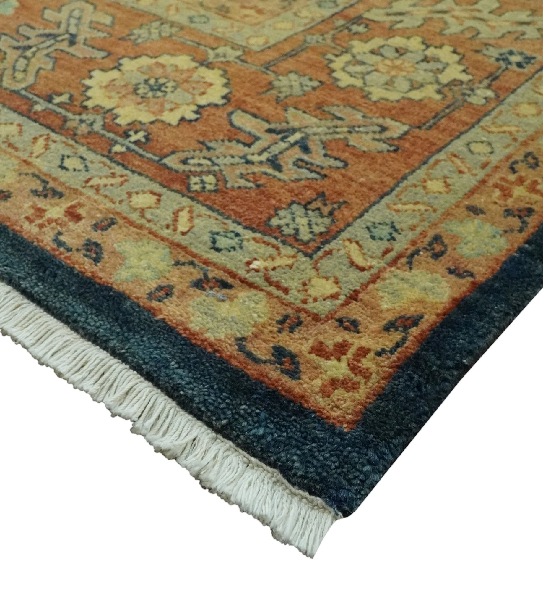 Traditional Heriz Vintage Style Fine Hand Knotted Gold, Blue and Rust Wool area Rug - Image 5