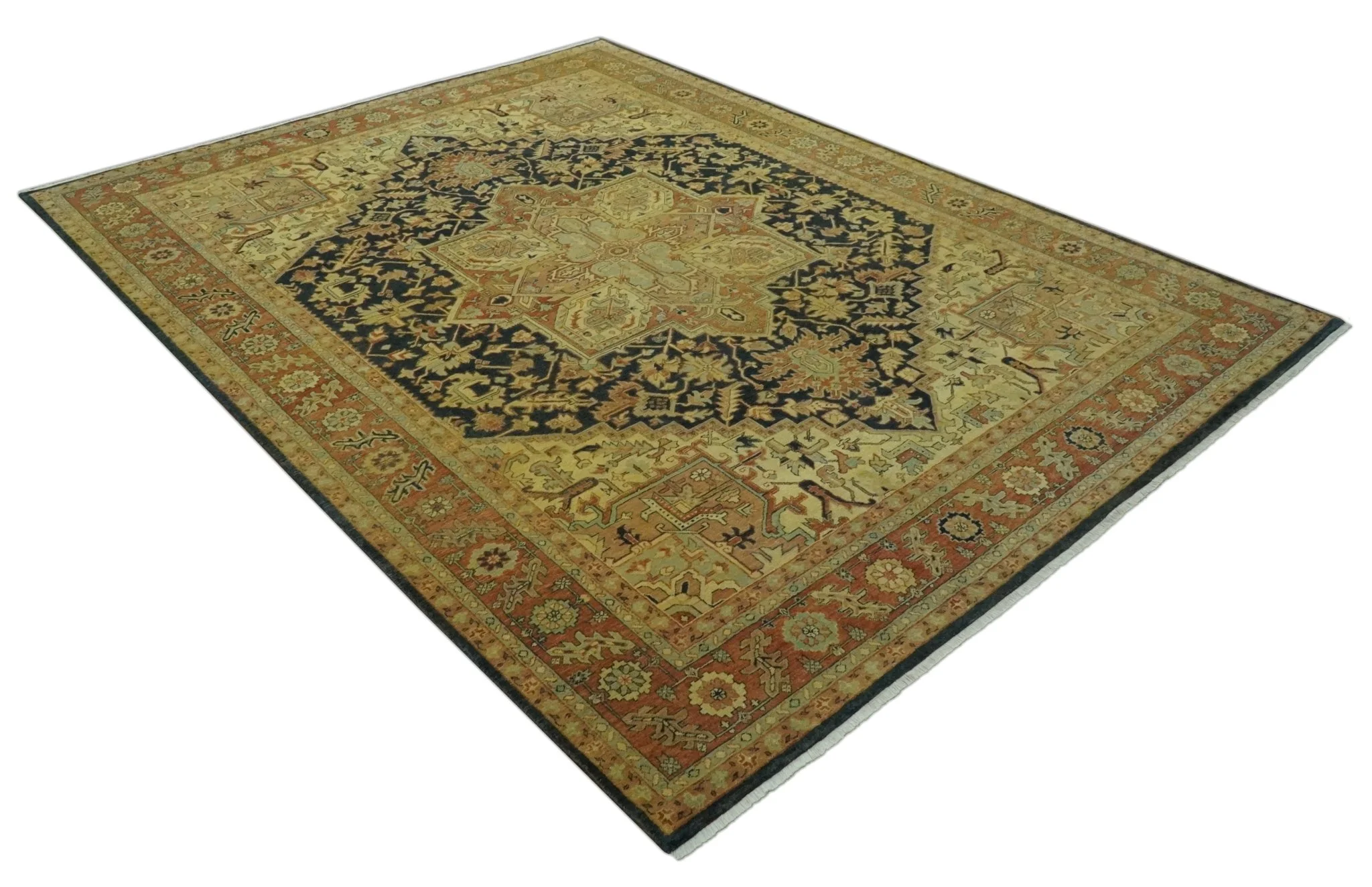 Traditional Heriz Vintage Style Fine Hand Knotted Gold, Blue and Rust Wool area Rug - Image 6