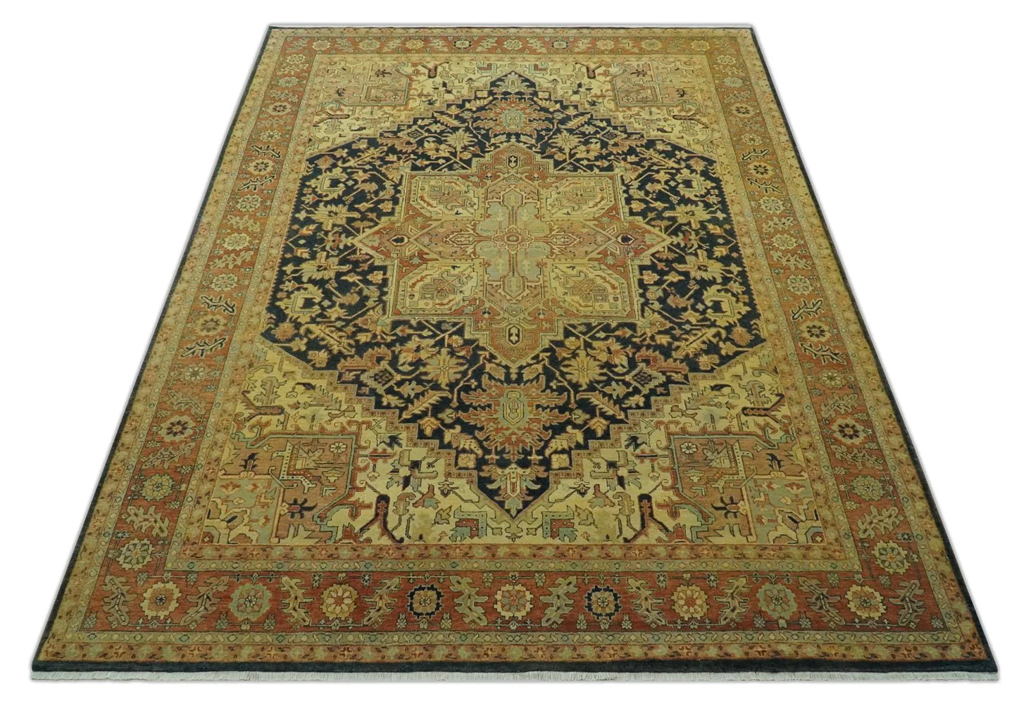 Traditional Heriz Vintage Style Fine Hand Knotted Gold, Blue and Rust Wool area Rug - Image 7
