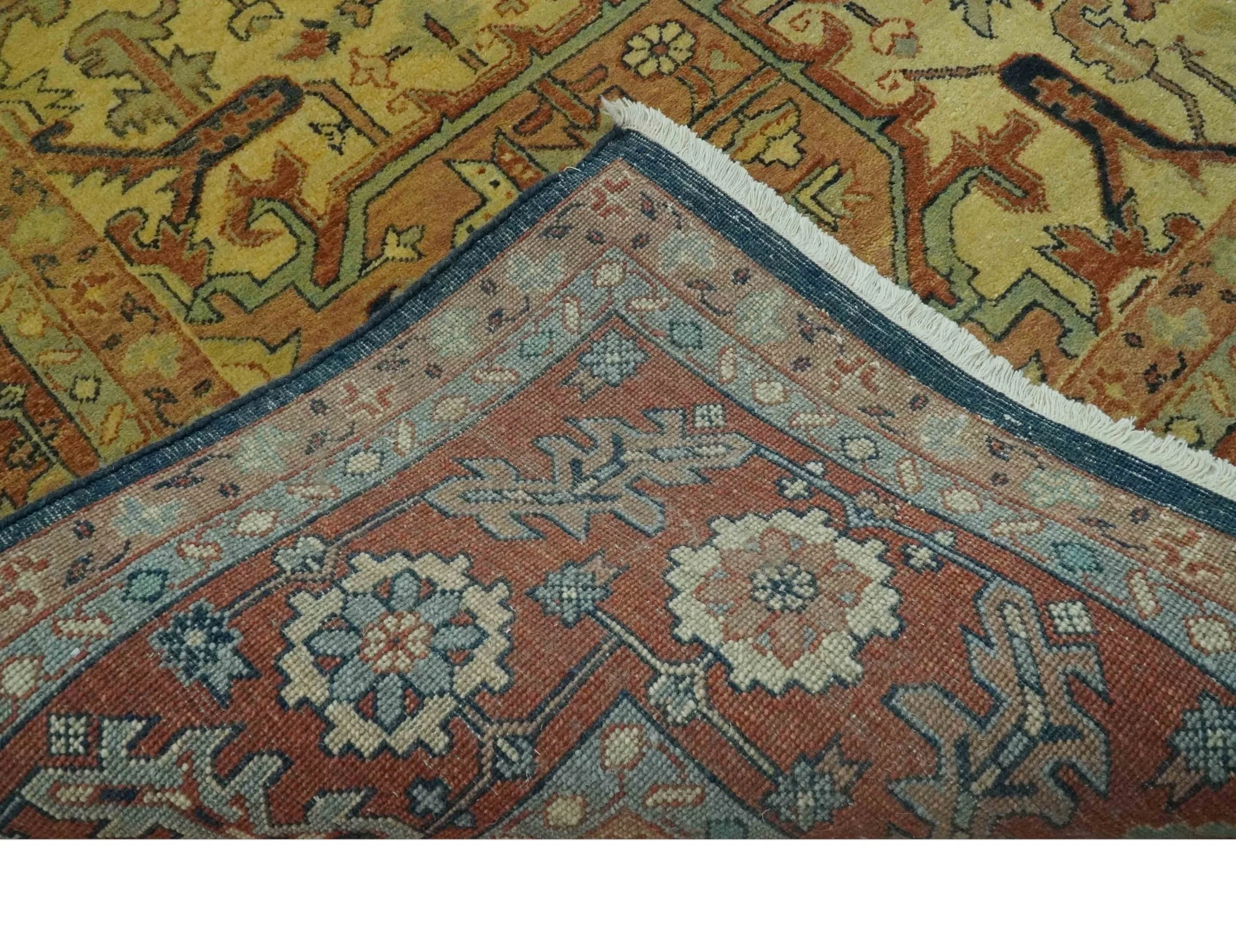 Traditional Heriz Vintage Style Fine Hand Knotted Gold, Blue and Rust Wool area Rug - Image 8