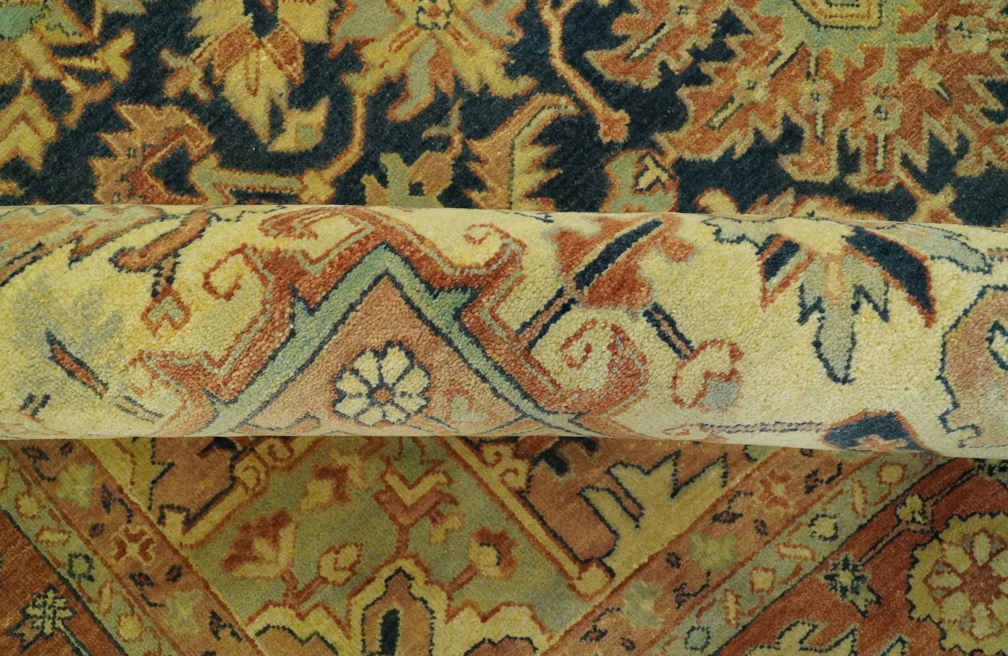 Traditional Heriz Vintage Style Fine Hand Knotted Gold, Blue and Rust Wool area Rug - Image 9