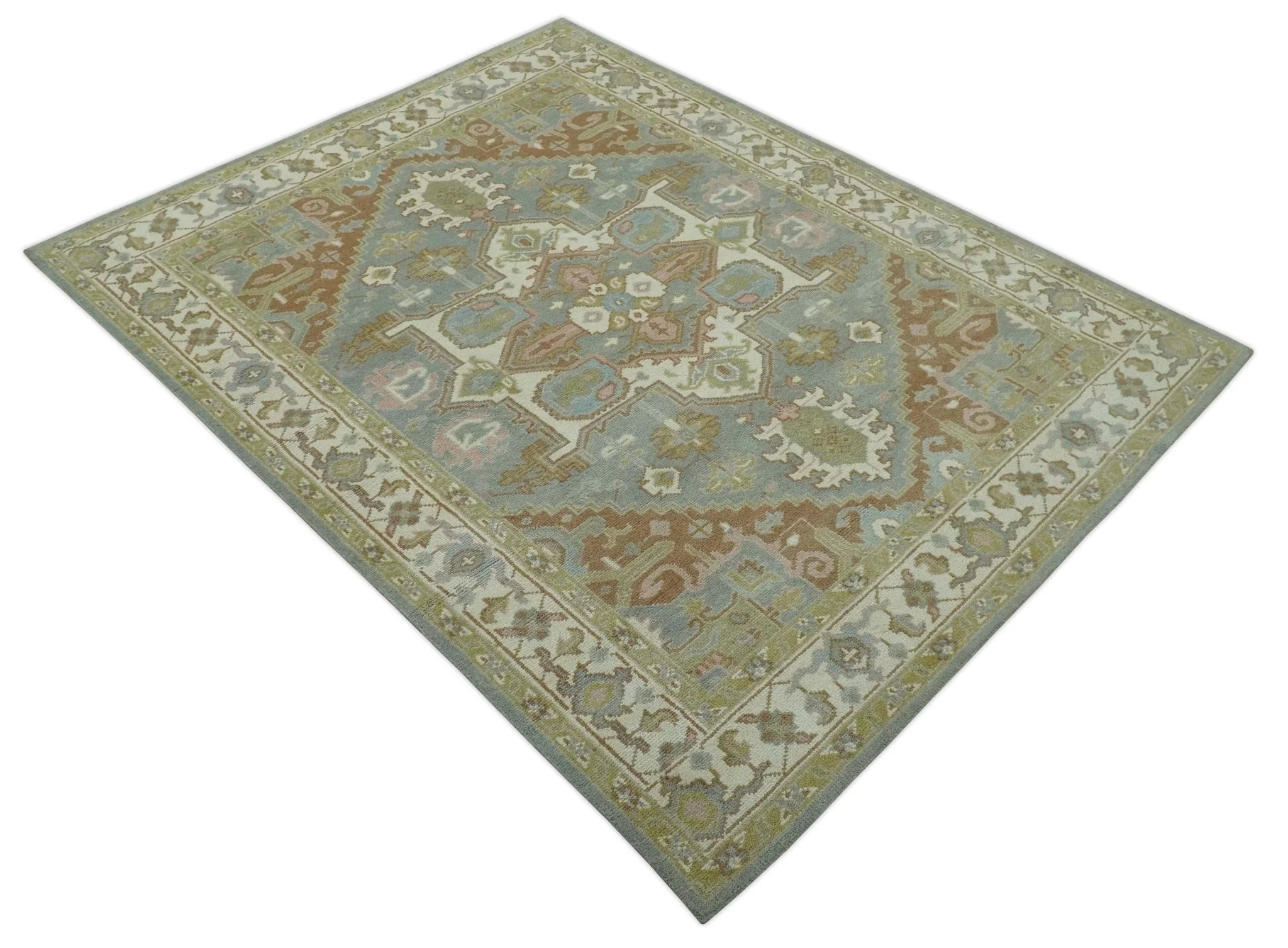 Antique Style Traditional Heriz Gray, Ivory, Peach and Olive Hand Knotted Multi Size wool Area Rug - Image 10