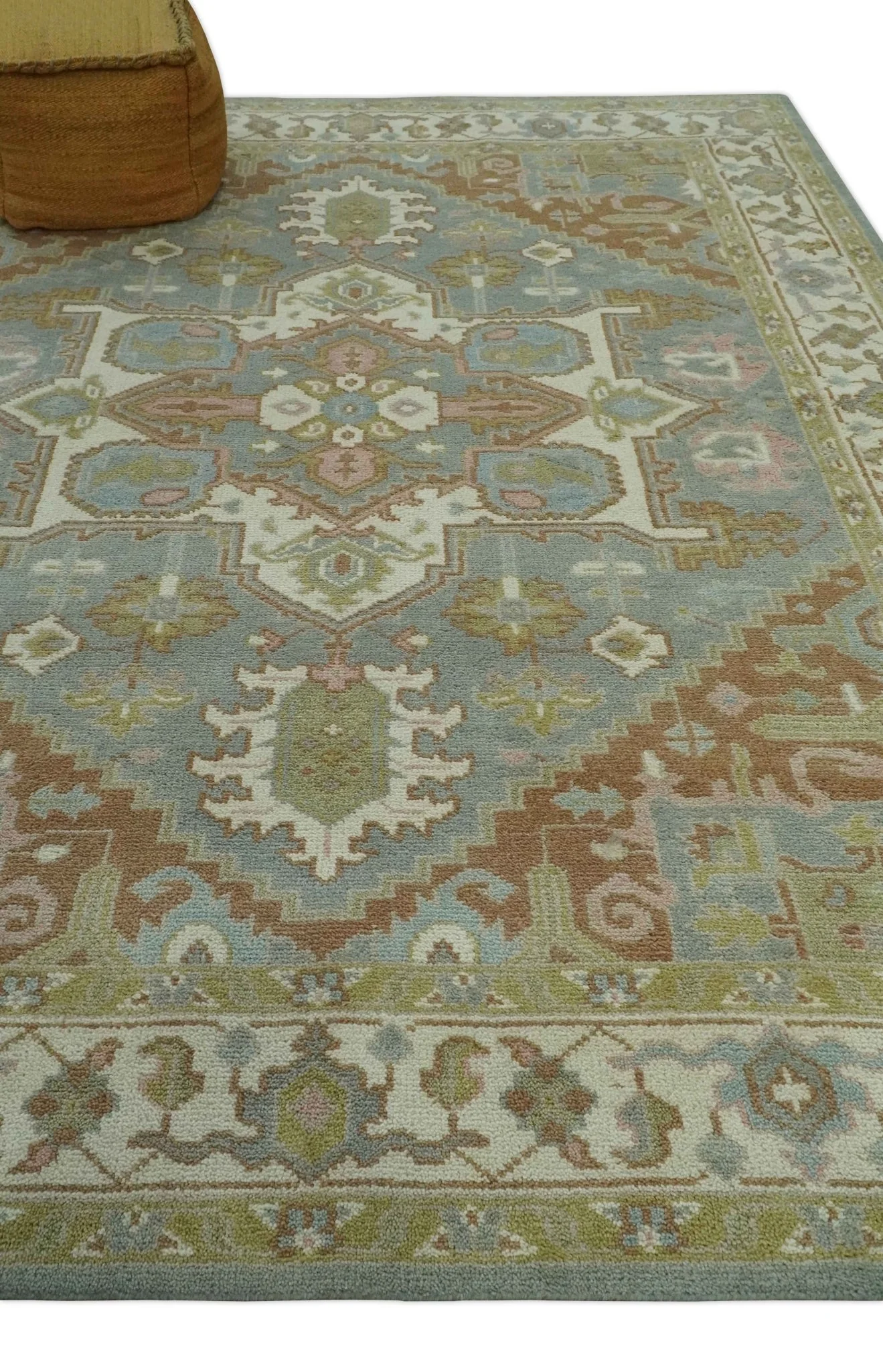 Antique Style Traditional Heriz Gray, Ivory, Peach and Olive Hand Knotted Multi Size wool Area Rug - Image 3