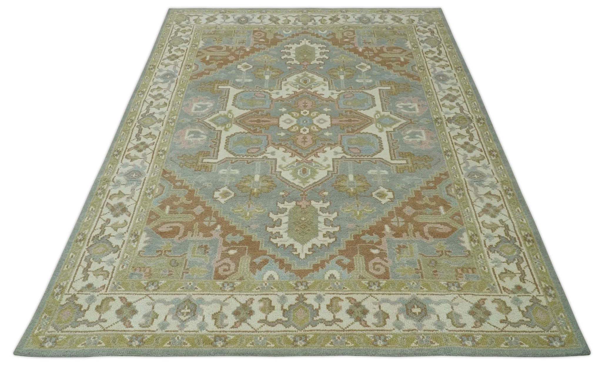 Antique Style Traditional Heriz Gray, Ivory, Peach and Olive Hand Knotted Multi Size wool Area Rug - Image 9