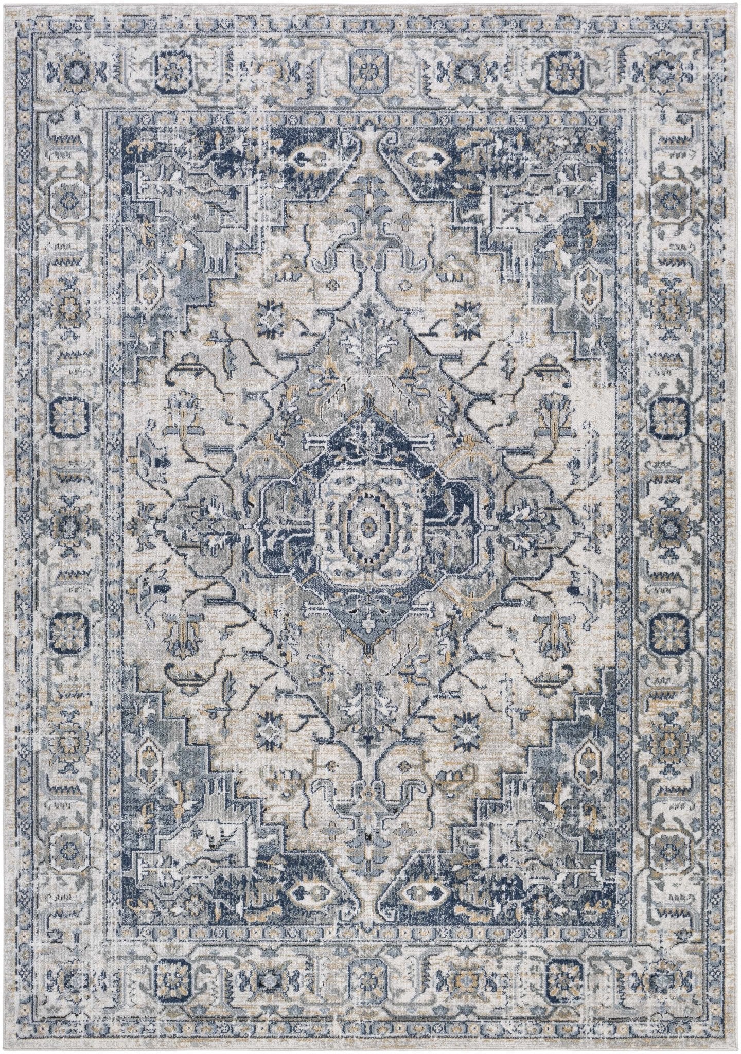 Traditional Heriz Design Ivory, Gray and Blue Medium Pile Area Rug - Image 11