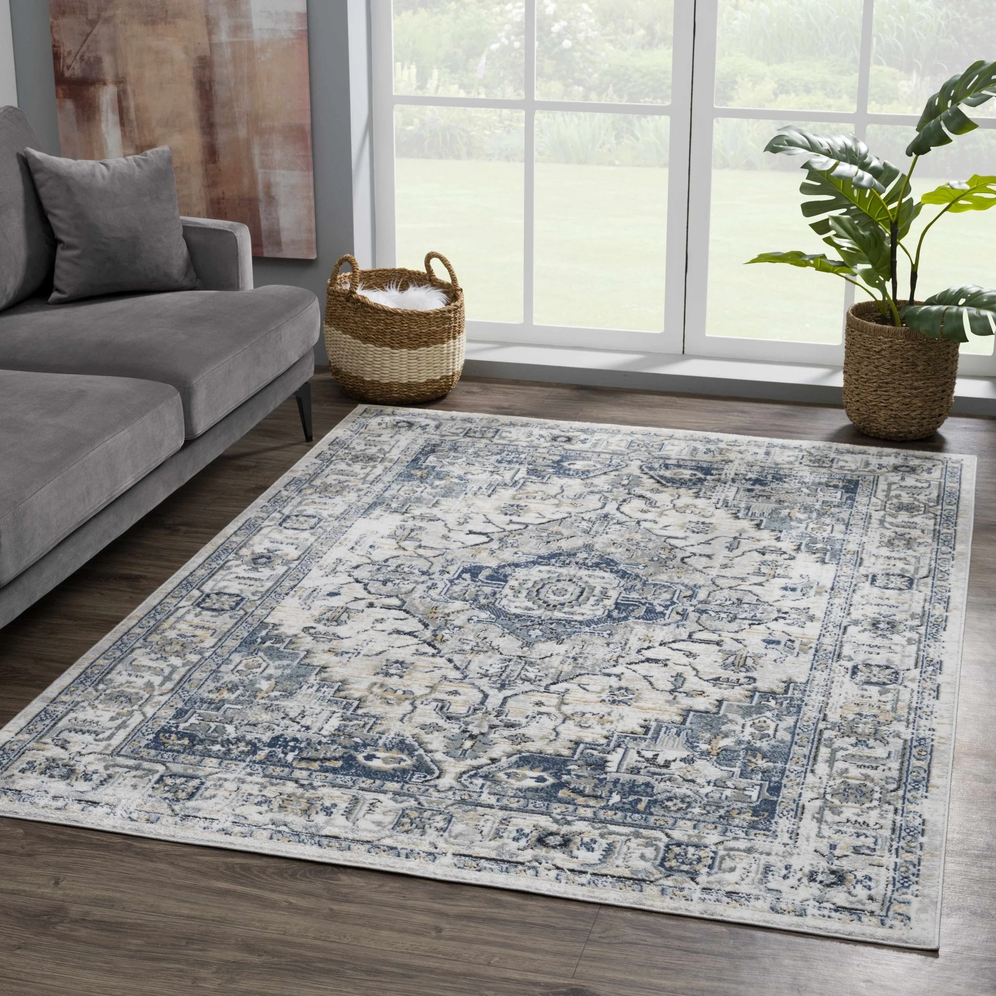 Traditional Heriz Design Ivory, Gray and Blue Medium Pile Area Rug - Image 12