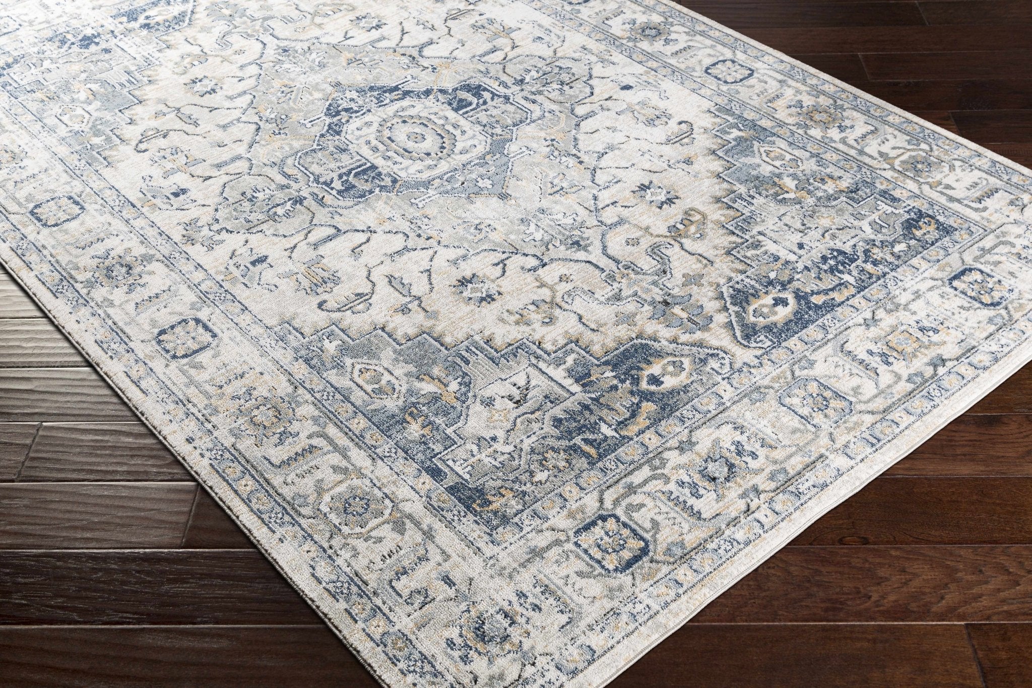 Traditional Heriz Design Ivory, Gray and Blue Medium Pile Area Rug - Image 3