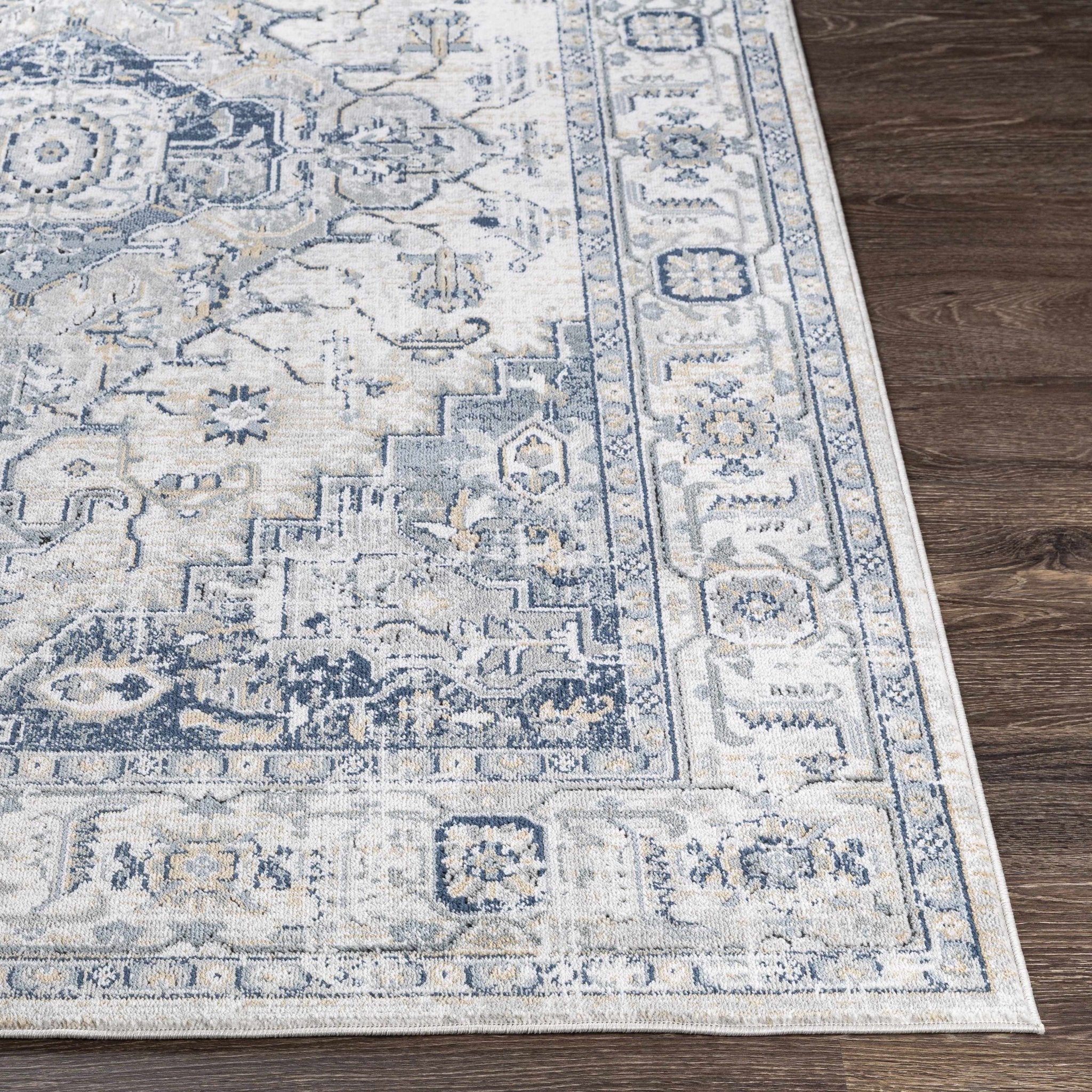 Traditional Heriz Design Ivory, Gray and Blue Medium Pile Area Rug - Image 4