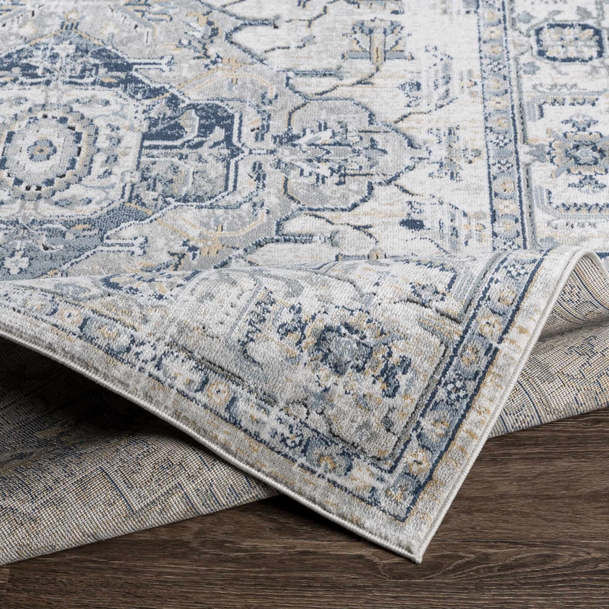 Traditional Heriz Design Ivory, Gray and Blue Medium Pile Area Rug - Image 5
