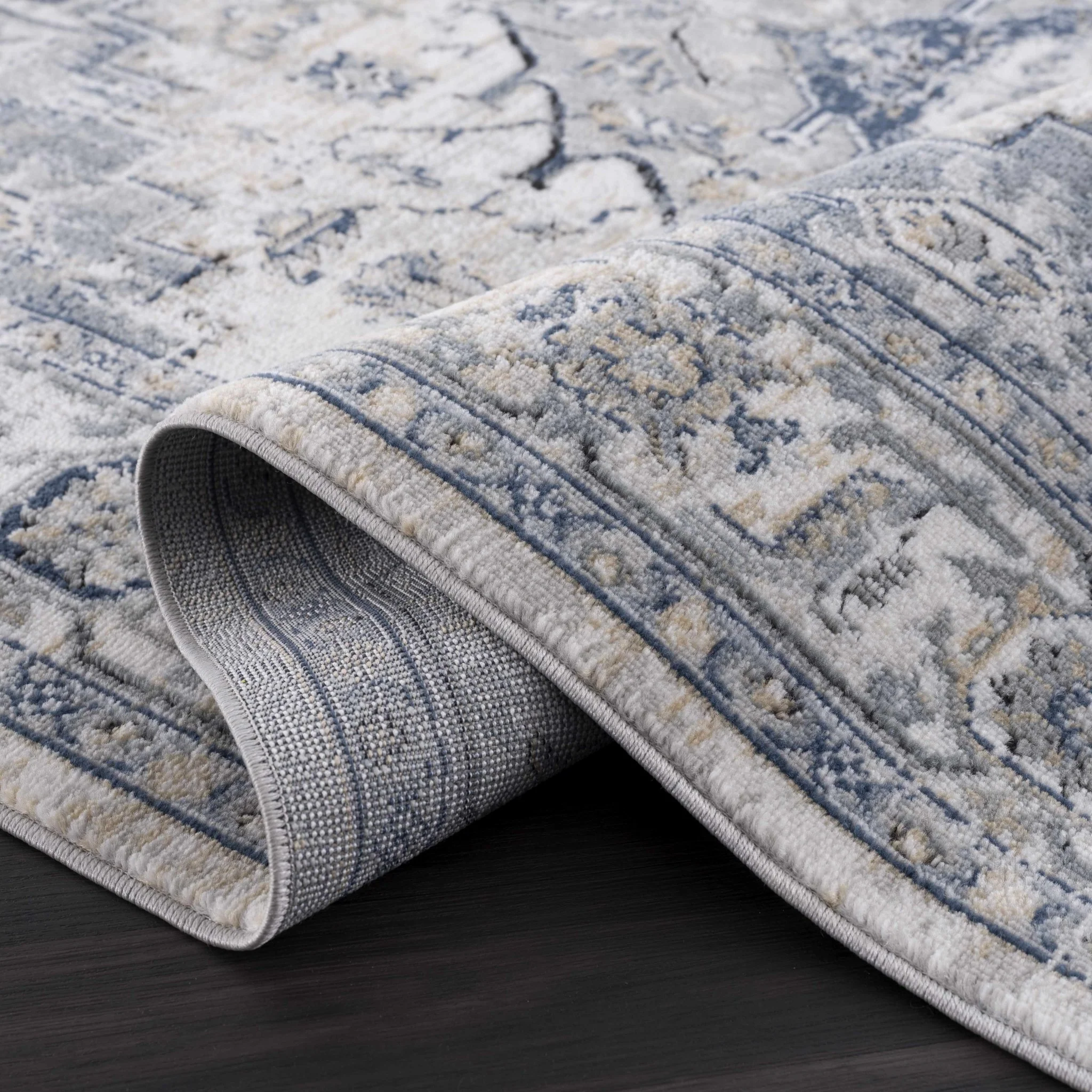 Traditional Heriz Design Ivory, Gray and Blue Medium Pile Area Rug - Image 6
