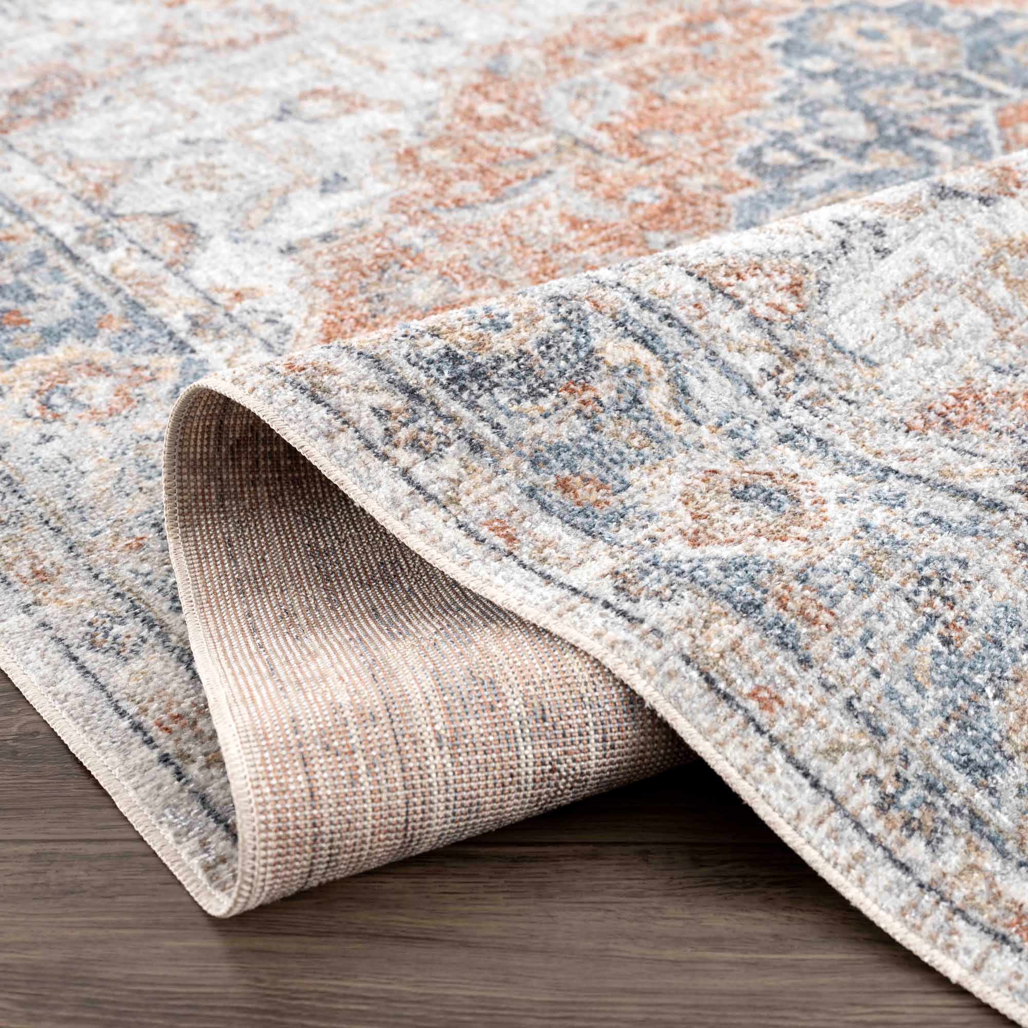 Traditional Heriz Ivory, Rust and Blue Medallion Design Low Pile Washable Area Rug - Image 10