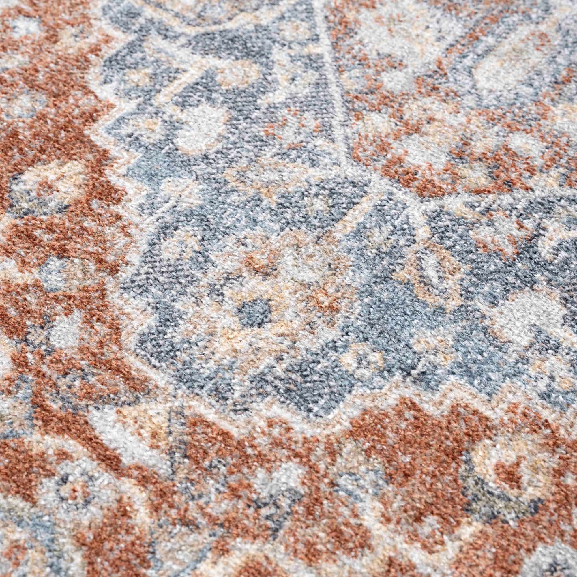 Traditional Heriz Ivory, Rust and Blue Medallion Design Low Pile Washable Area Rug - Image 12