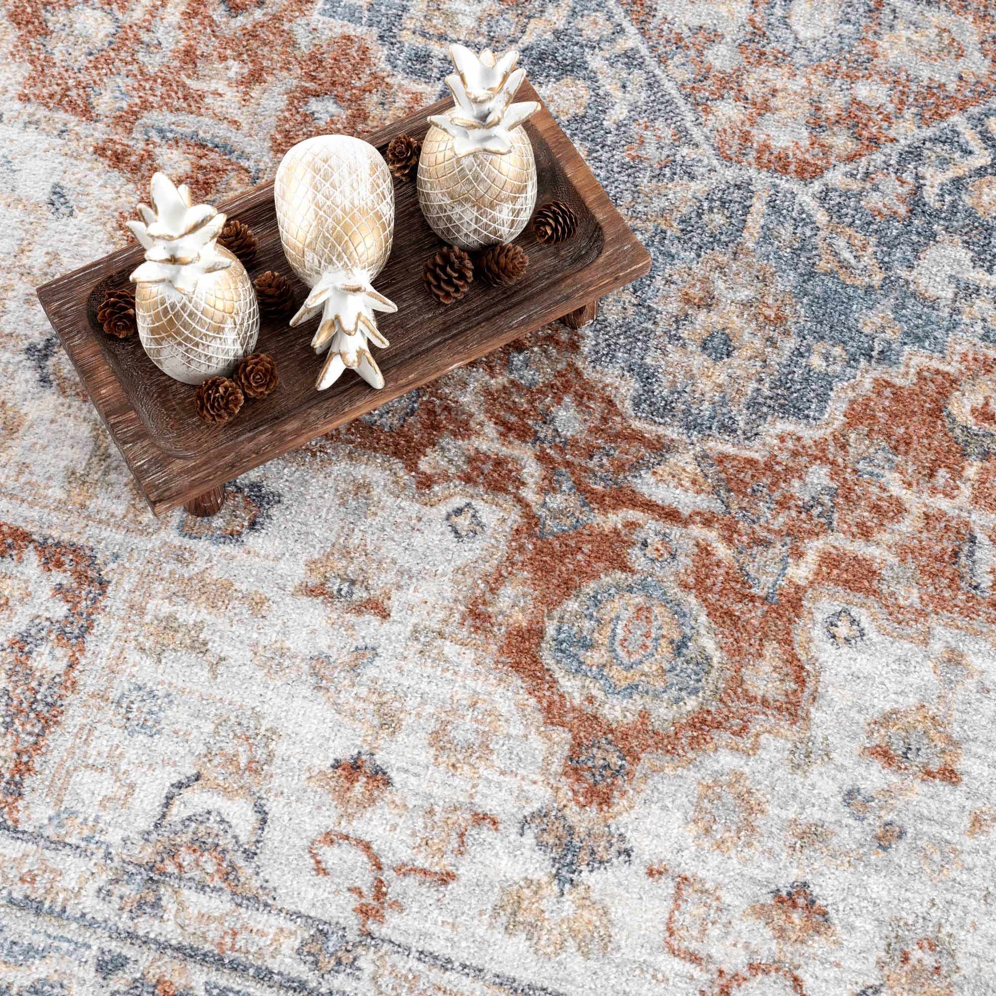 Traditional Heriz Ivory, Rust and Blue Medallion Design Low Pile Washable Area Rug - Image 13