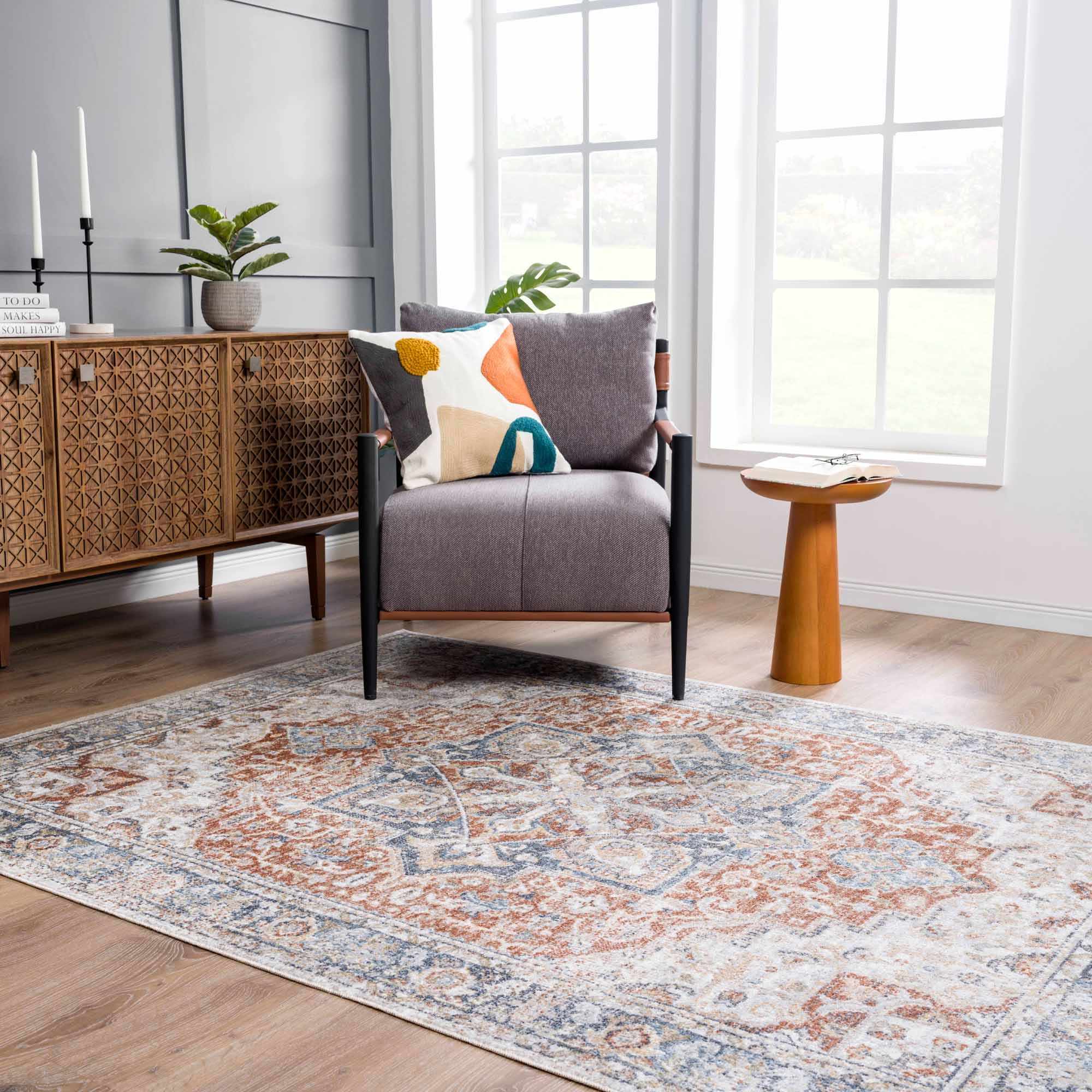 Traditional Heriz Ivory, Rust and Blue Medallion Design Low Pile Washable Area Rug - Image 15