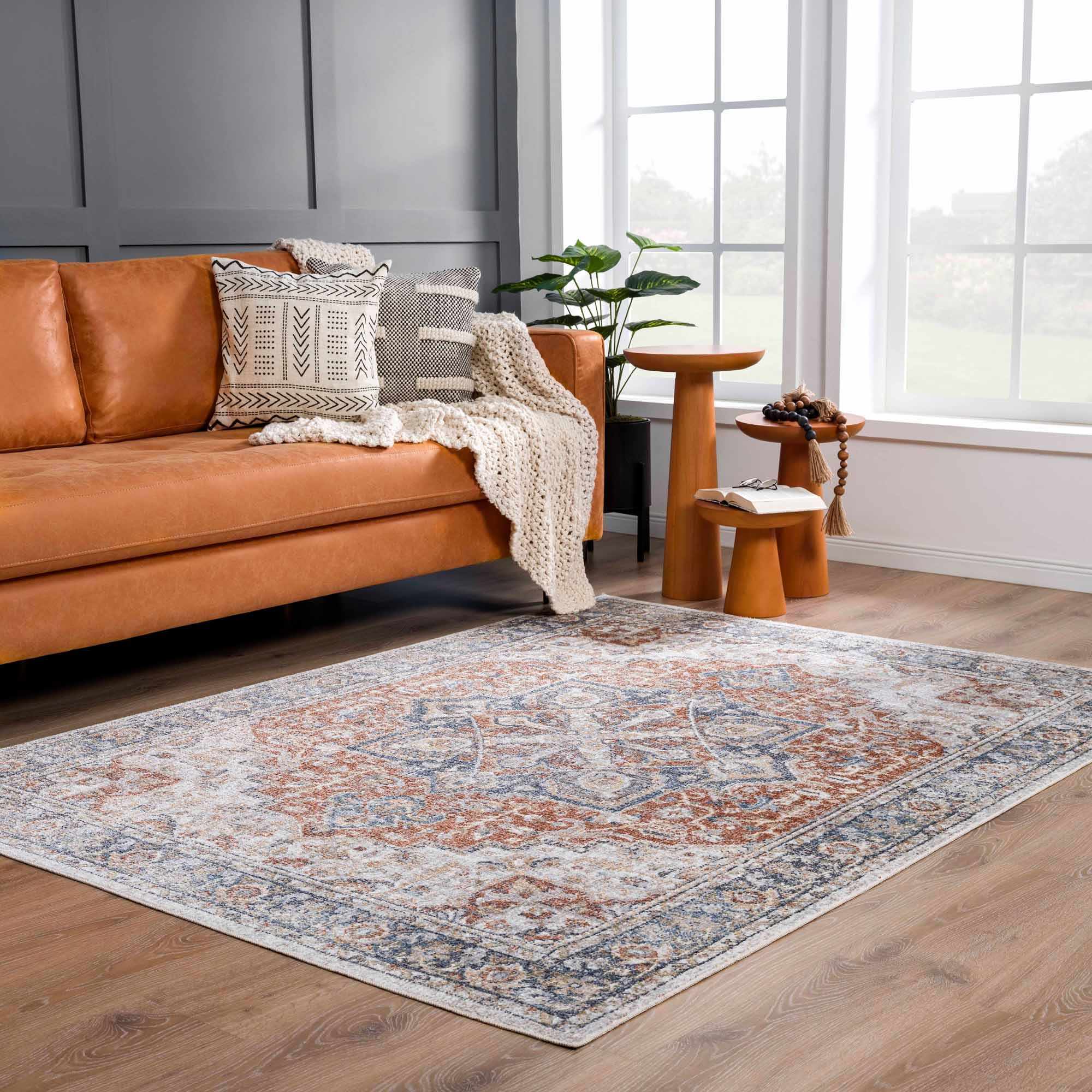 Traditional Heriz Ivory, Rust and Blue Medallion Design Low Pile Washable Area Rug - Image 16