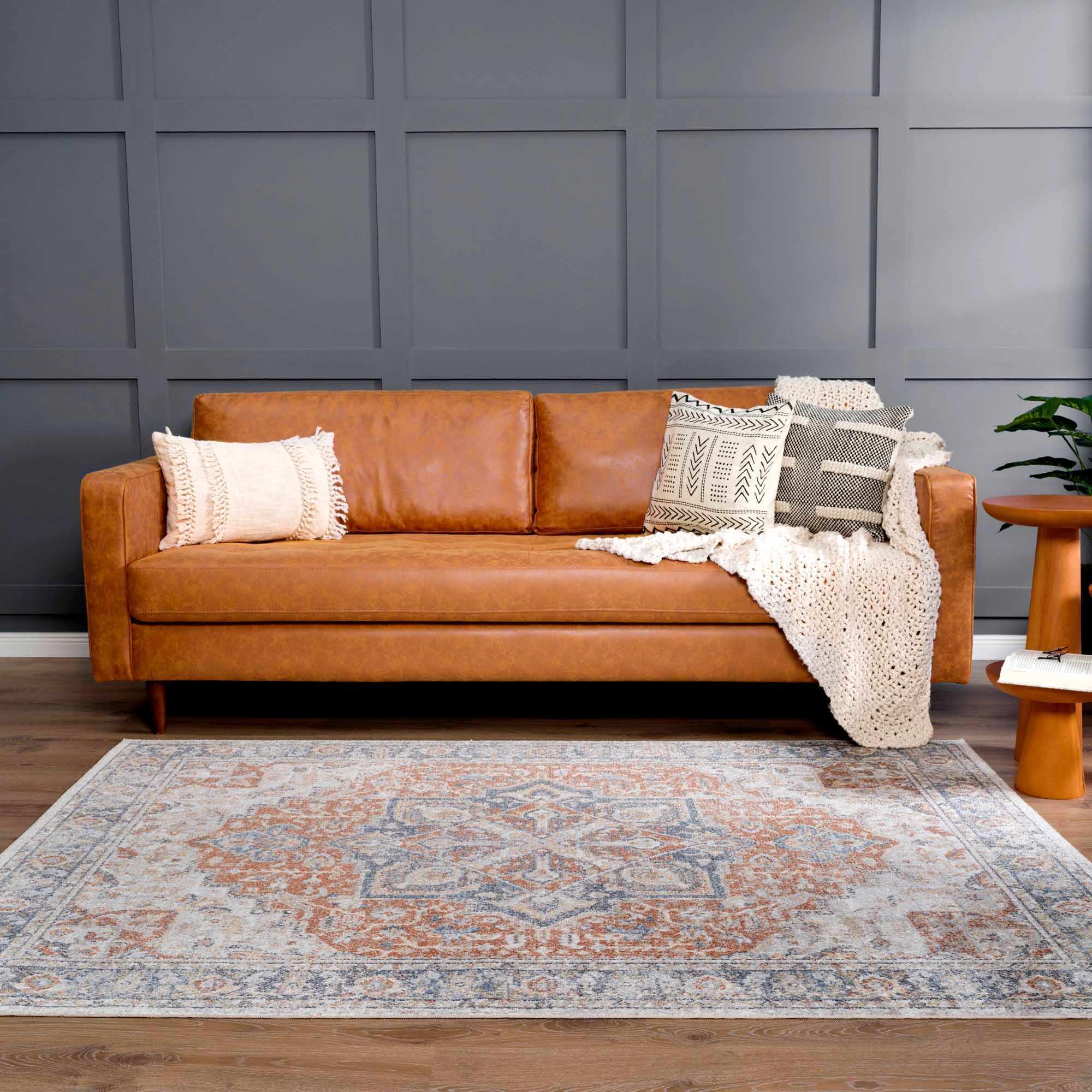 Traditional Heriz Ivory, Rust and Blue Medallion Design Low Pile Washable Area Rug - Image 17