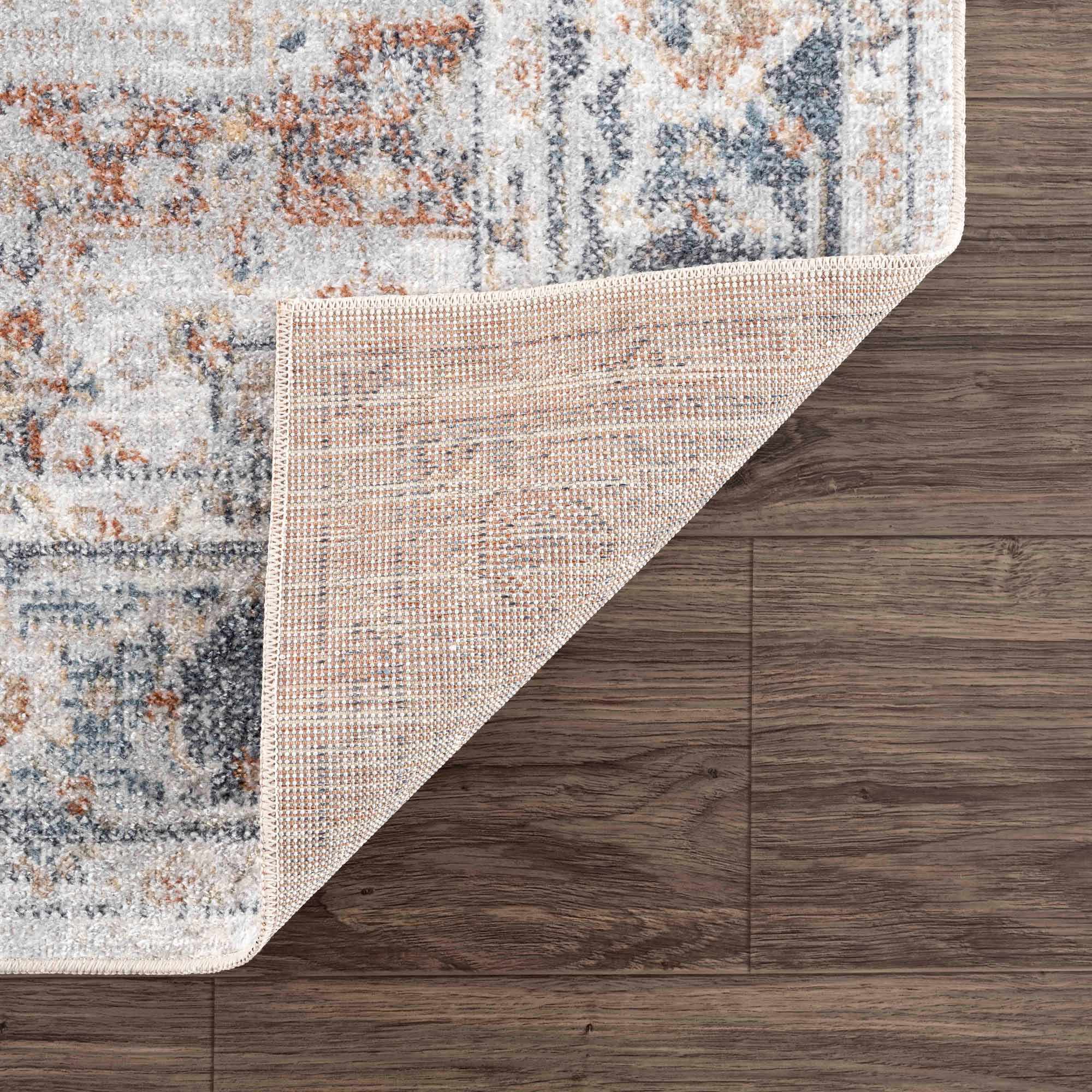 Traditional Heriz Ivory, Rust and Blue Medallion Design Low Pile Washable Area Rug - Image 3