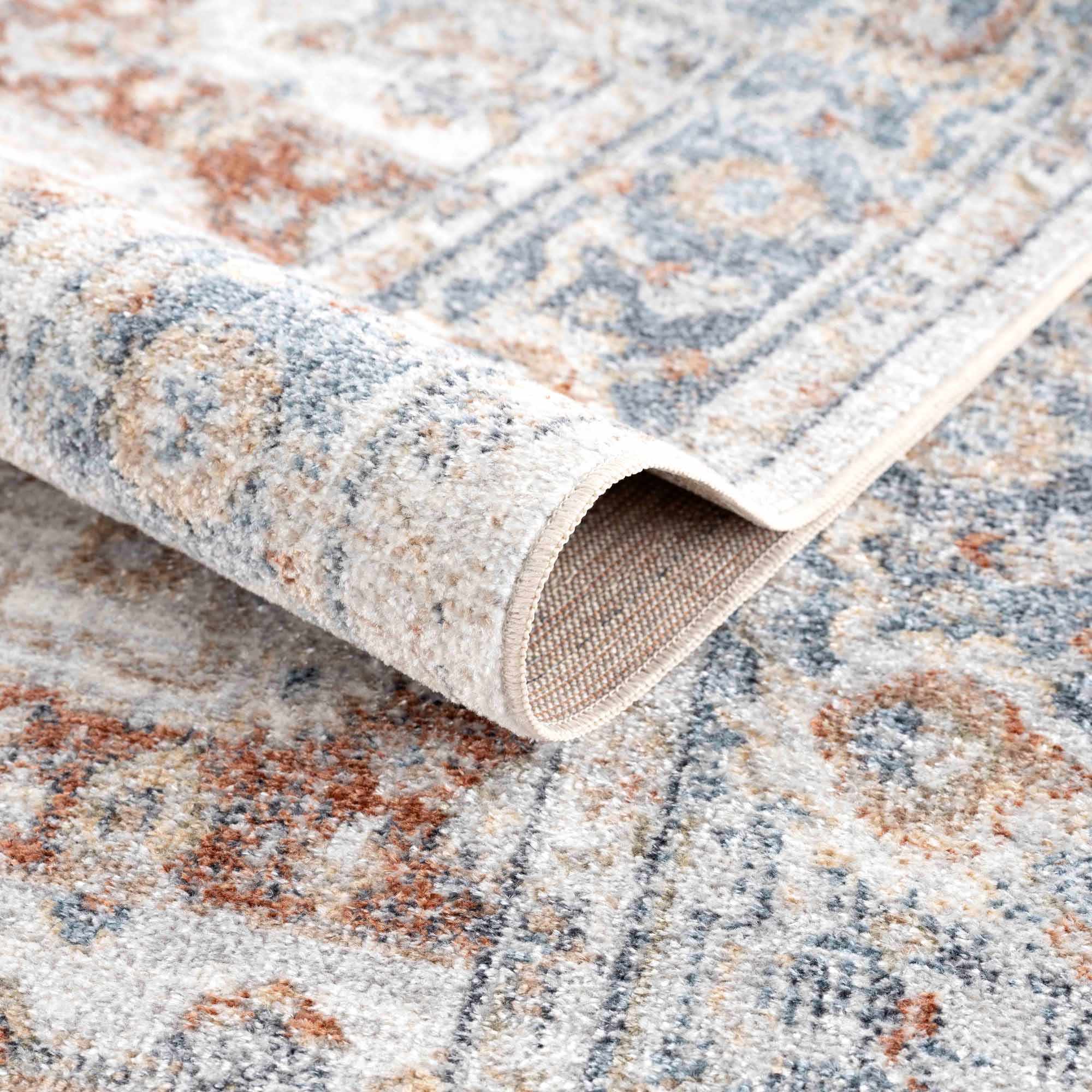 Traditional Heriz Ivory, Rust and Blue Medallion Design Low Pile Washable Area Rug - Image 4