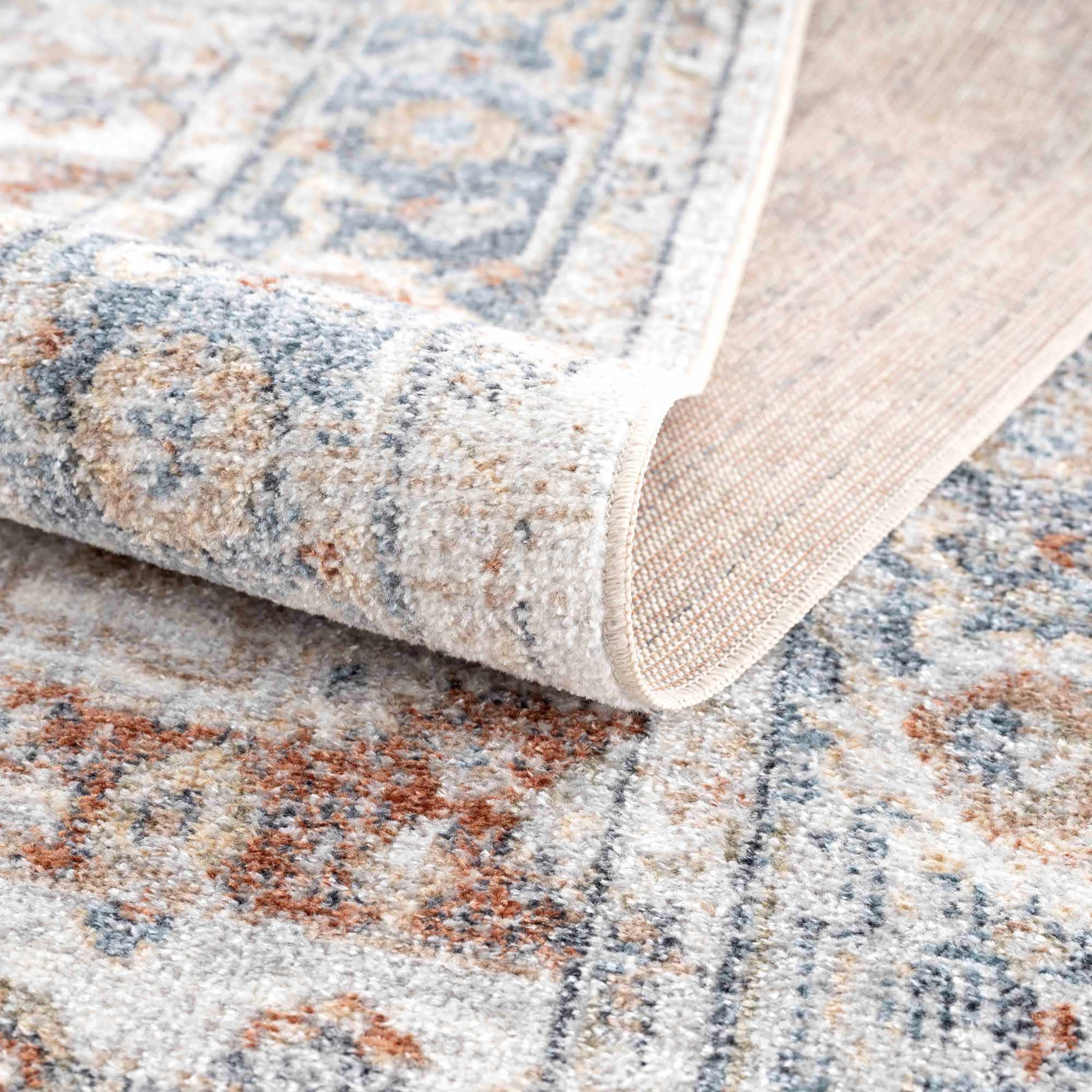 Traditional Heriz Ivory, Rust and Blue Medallion Design Low Pile Washable Area Rug - Image 5