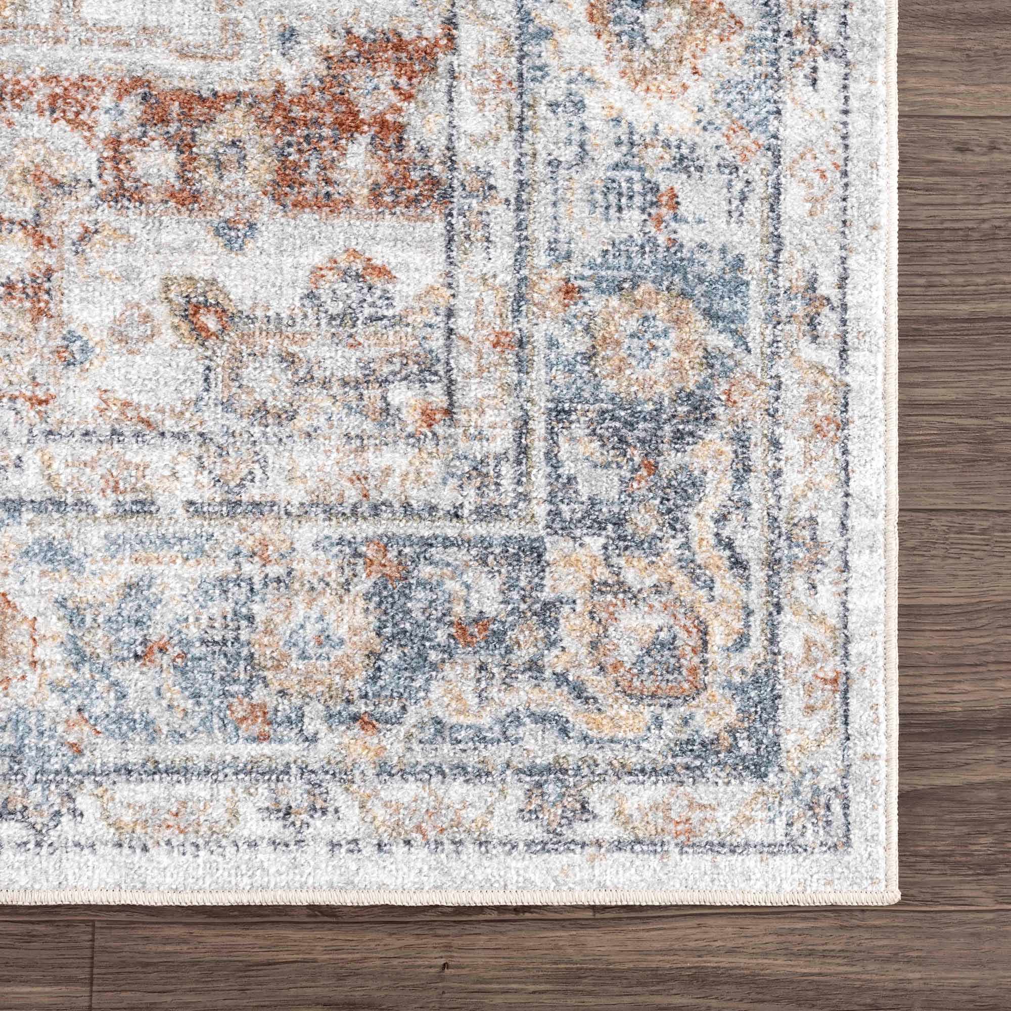 Traditional Heriz Ivory, Rust and Blue Medallion Design Low Pile Washable Area Rug - Image 6