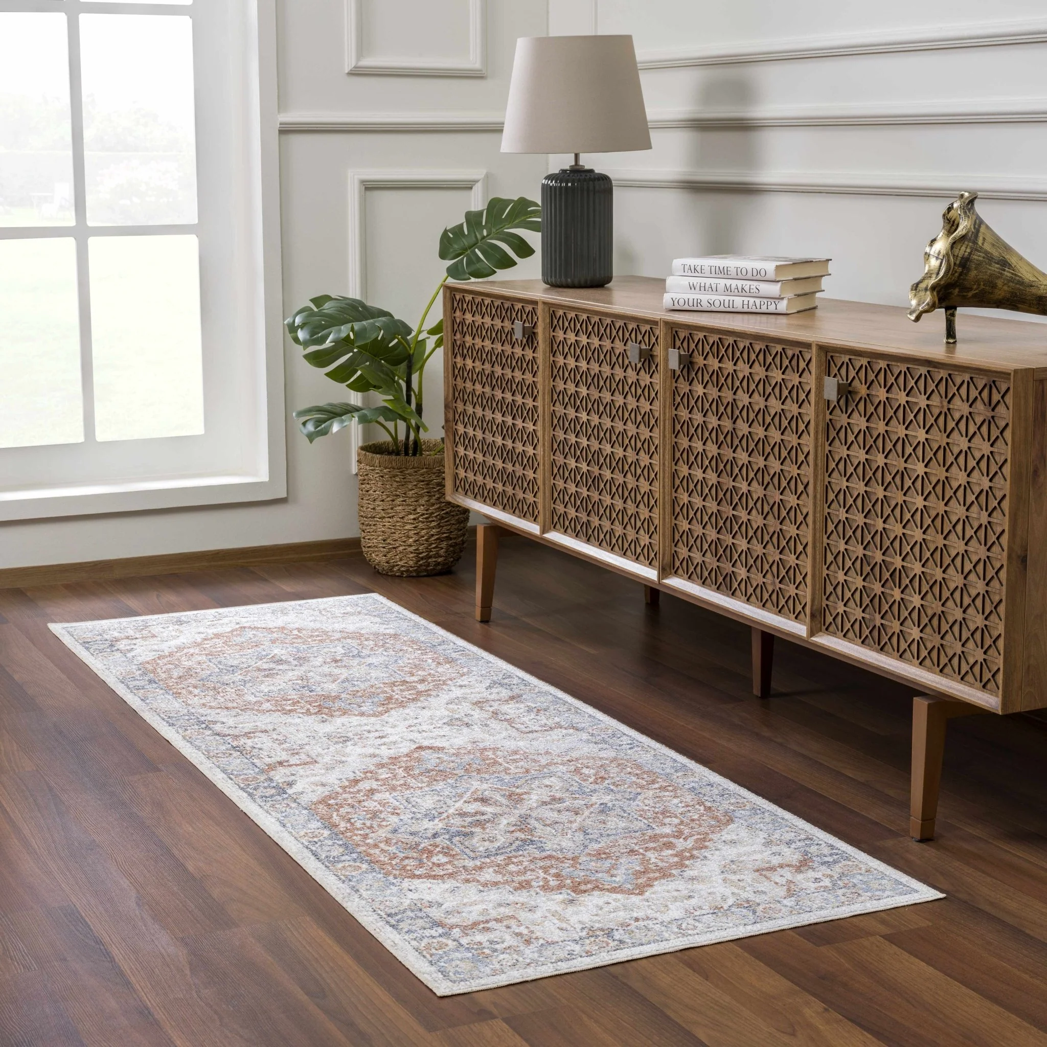 Traditional Heriz Ivory, Rust and Blue Medallion Design Low Pile Washable Area Rug - Image 7