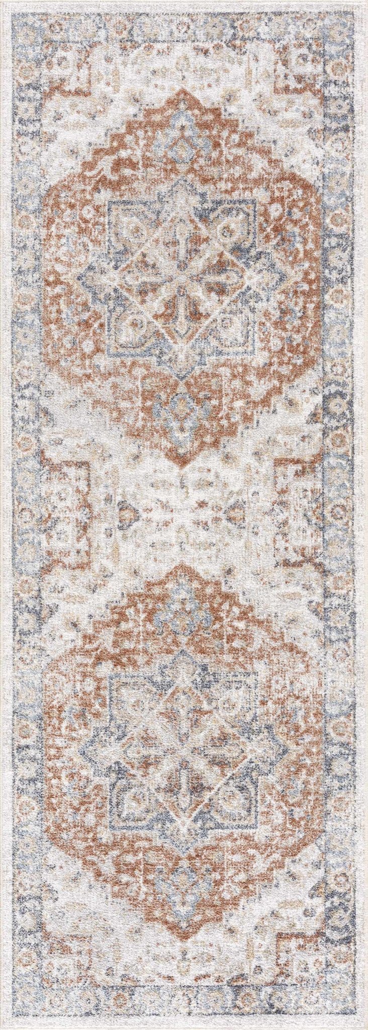 Traditional Heriz Ivory, Rust and Blue Medallion Design Low Pile Washable Area Rug - Image 8