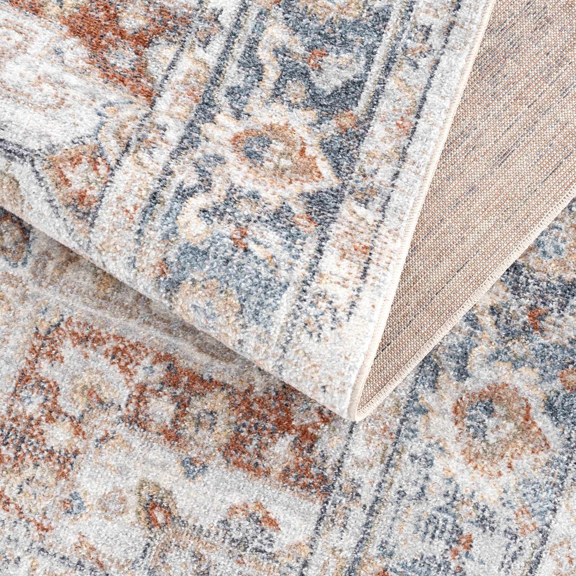 Traditional Heriz Ivory, Rust and Blue Medallion Design Low Pile Washable Area Rug - Image 9