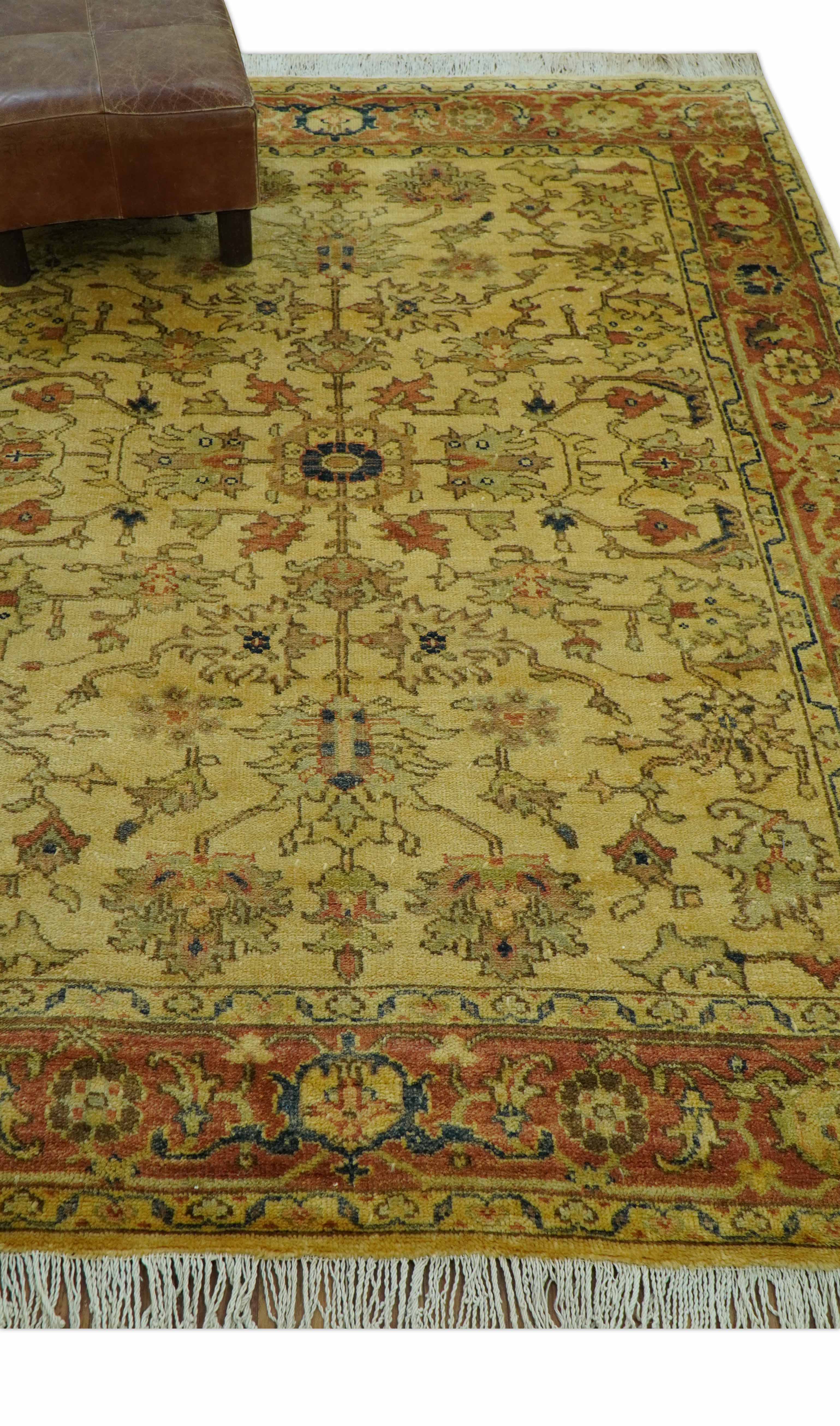 Heriz Traditional Design Gold And Rust 5x6.7 Hand Knotted Wool Area Rug - Image 10