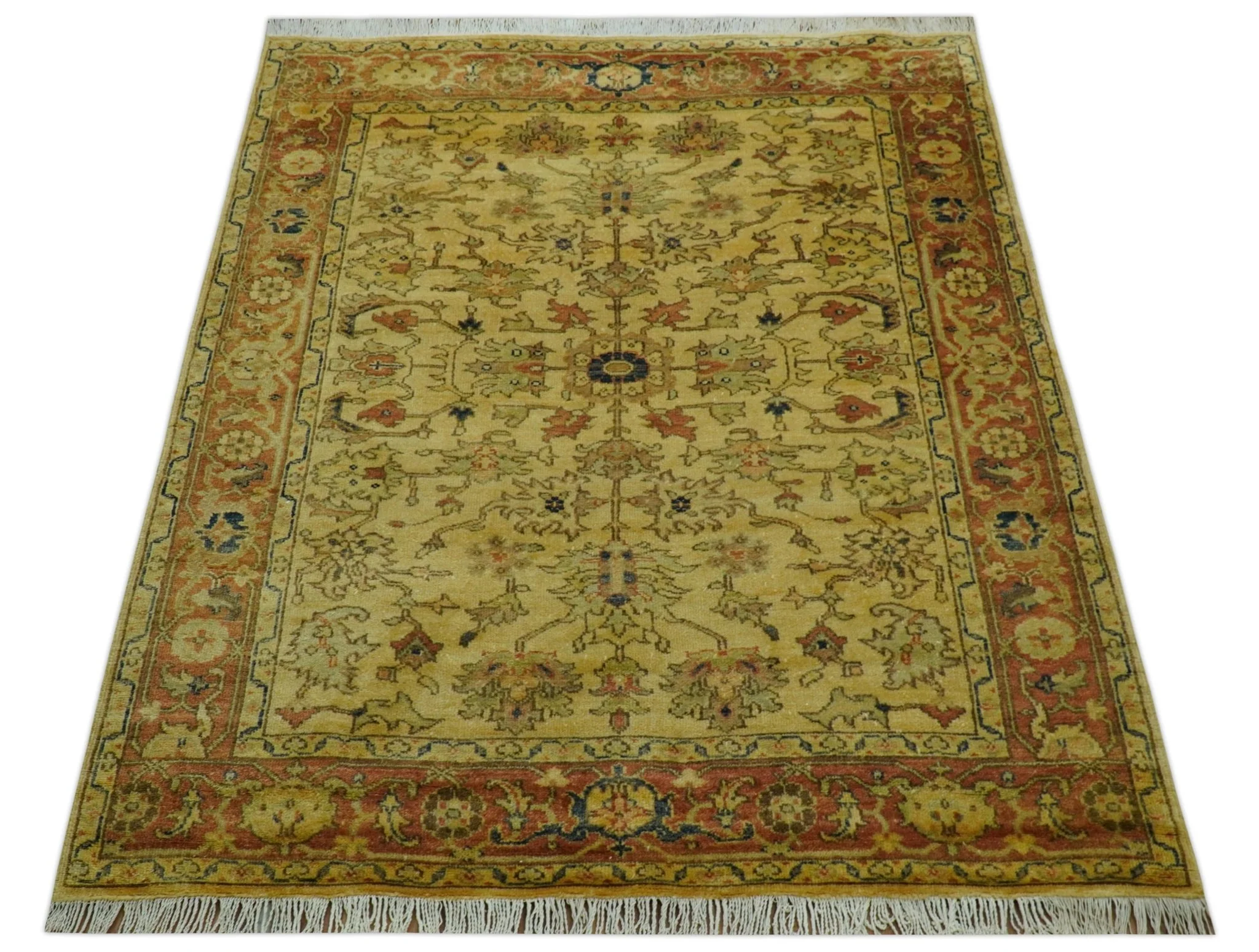 Heriz Traditional Design Gold And Rust 5x6.7 Hand Knotted Wool Area Rug - Image 8