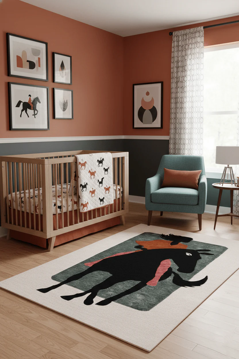 Horse Rider Pattern Beige And Black Hand Tufted 5x8 Wool Rug - Image 2