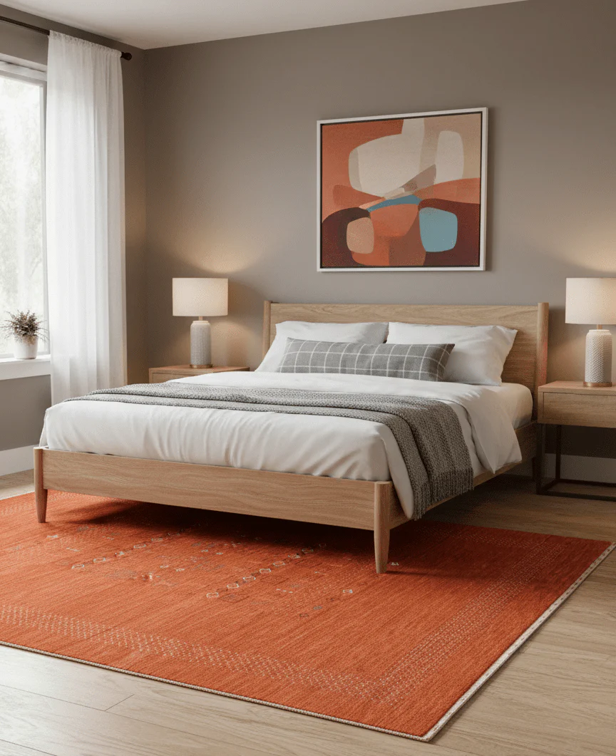 In Stock Orange Contemporary Center Pattern Hand Loomed Wool Rug - Image 2