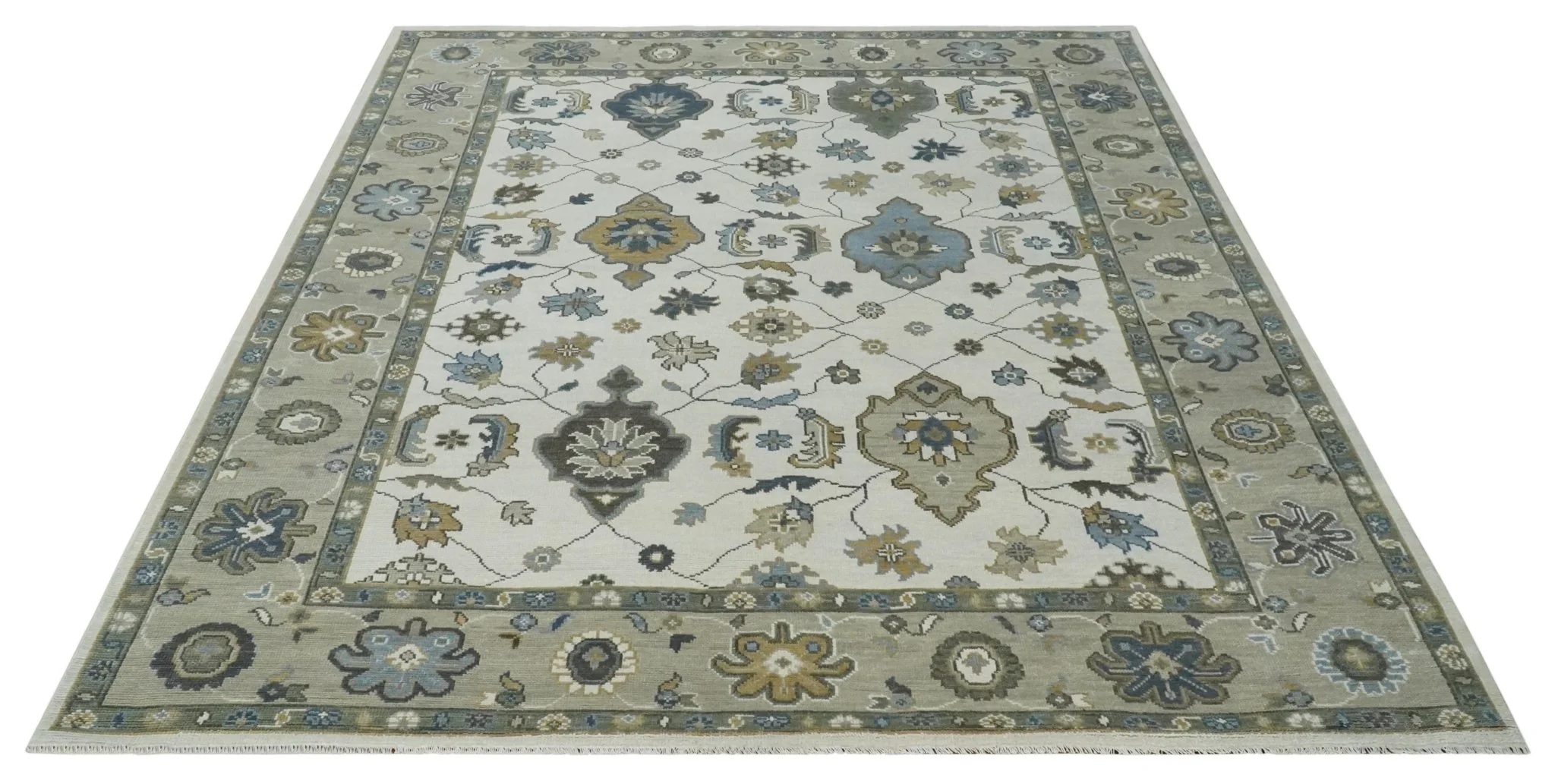 Traditional Ivory and Beige Hand Knotted Oriental Oushak Wool Area Rug - Image 10