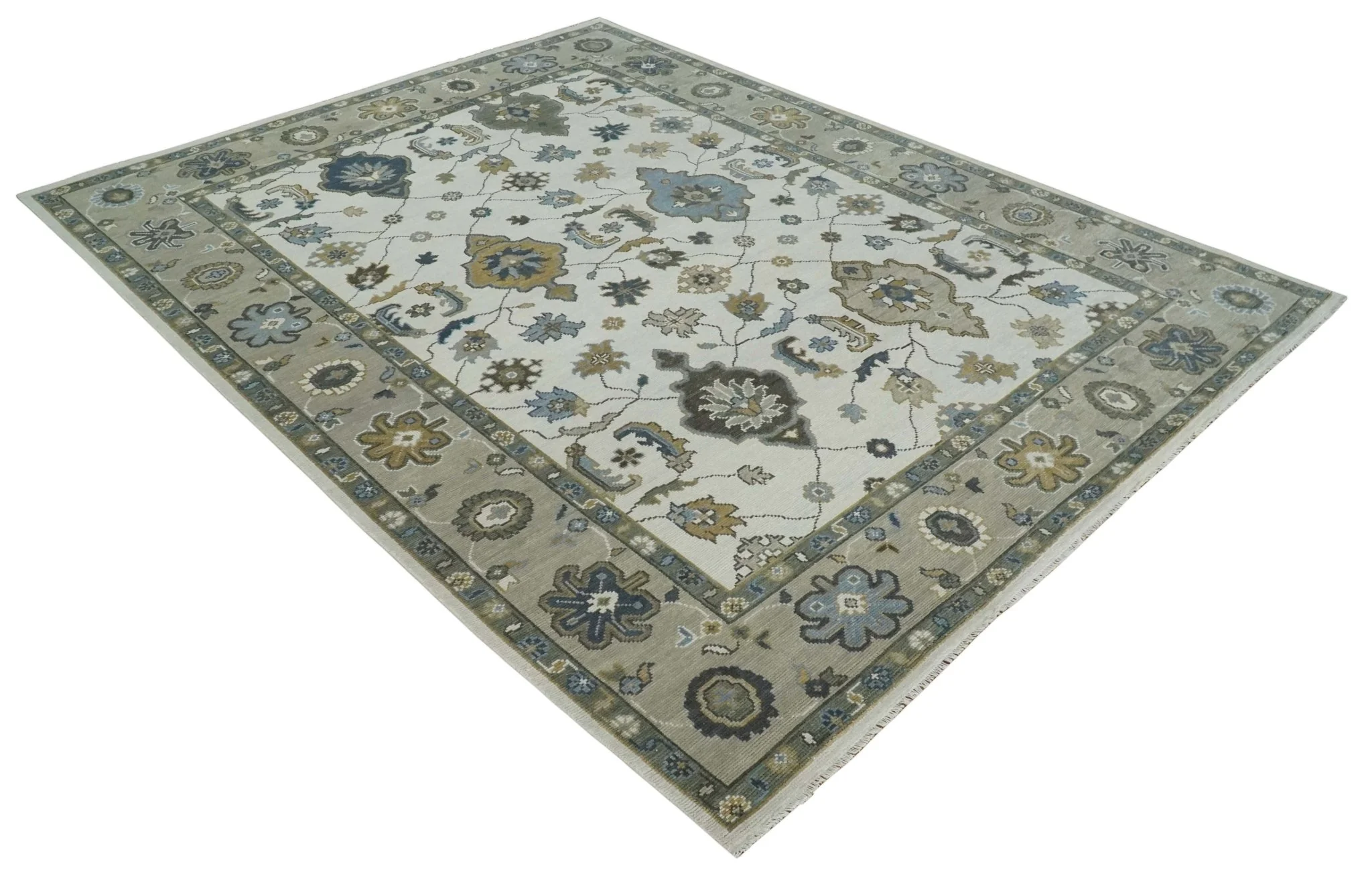 Traditional Ivory and Beige Hand Knotted Oriental Oushak Wool Area Rug - Image 9
