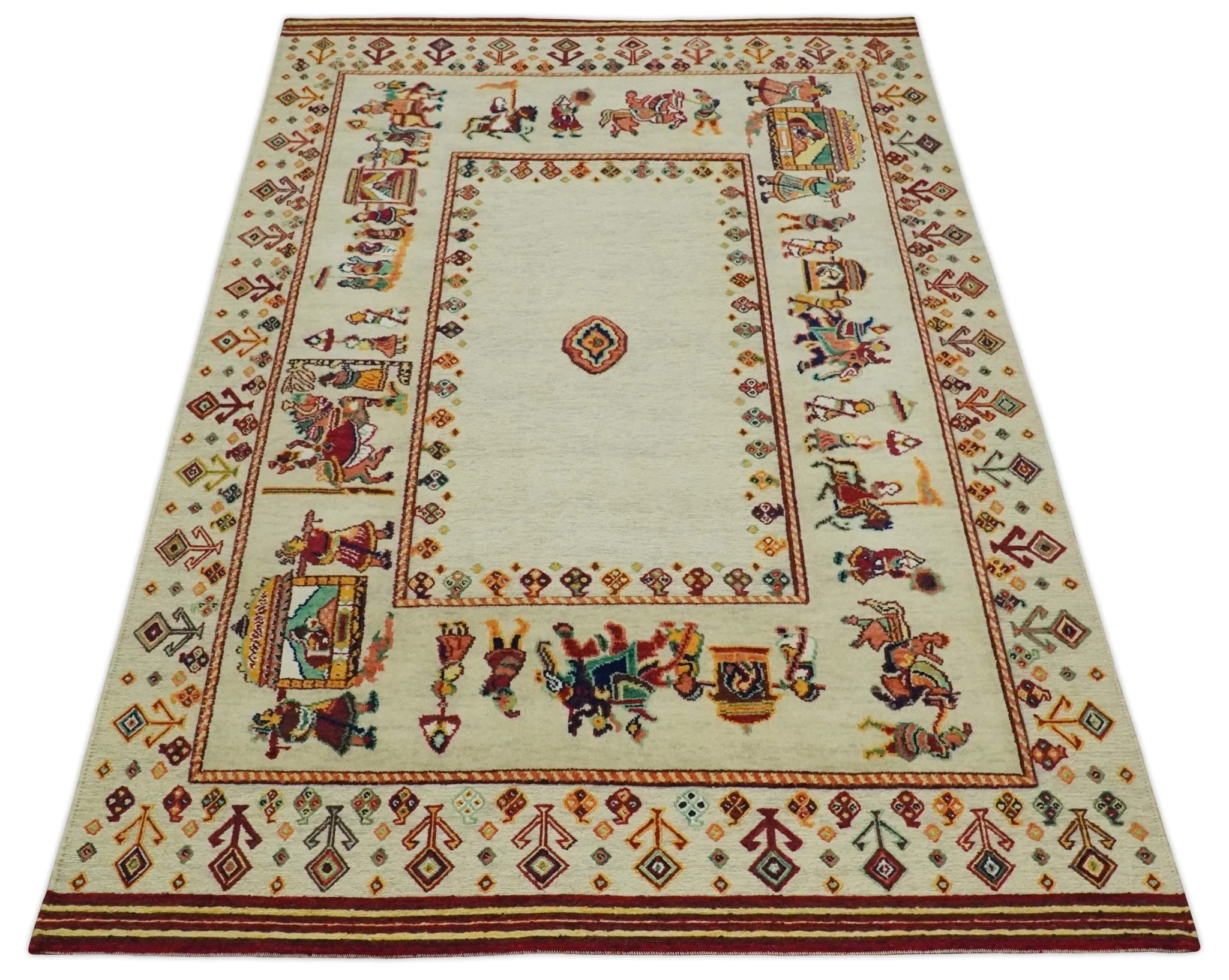 5x7 Flatwoven Soumak, Ivory and Beige Indian Wedding, Hand Spun Wool Hand Knotted Southwestern Gabbeh Rug | KNT42 - Image 10