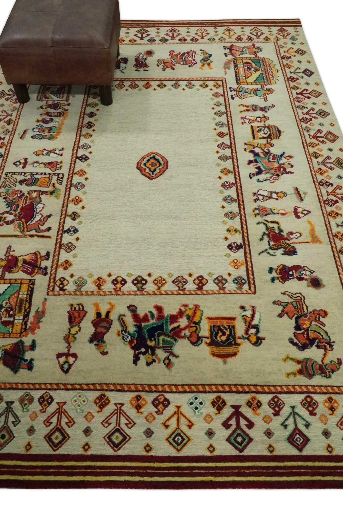 5x7 Flatwoven Soumak, Ivory and Beige Indian Wedding, Hand Spun Wool Hand Knotted Southwestern Gabbeh Rug | KNT42 - Image 2