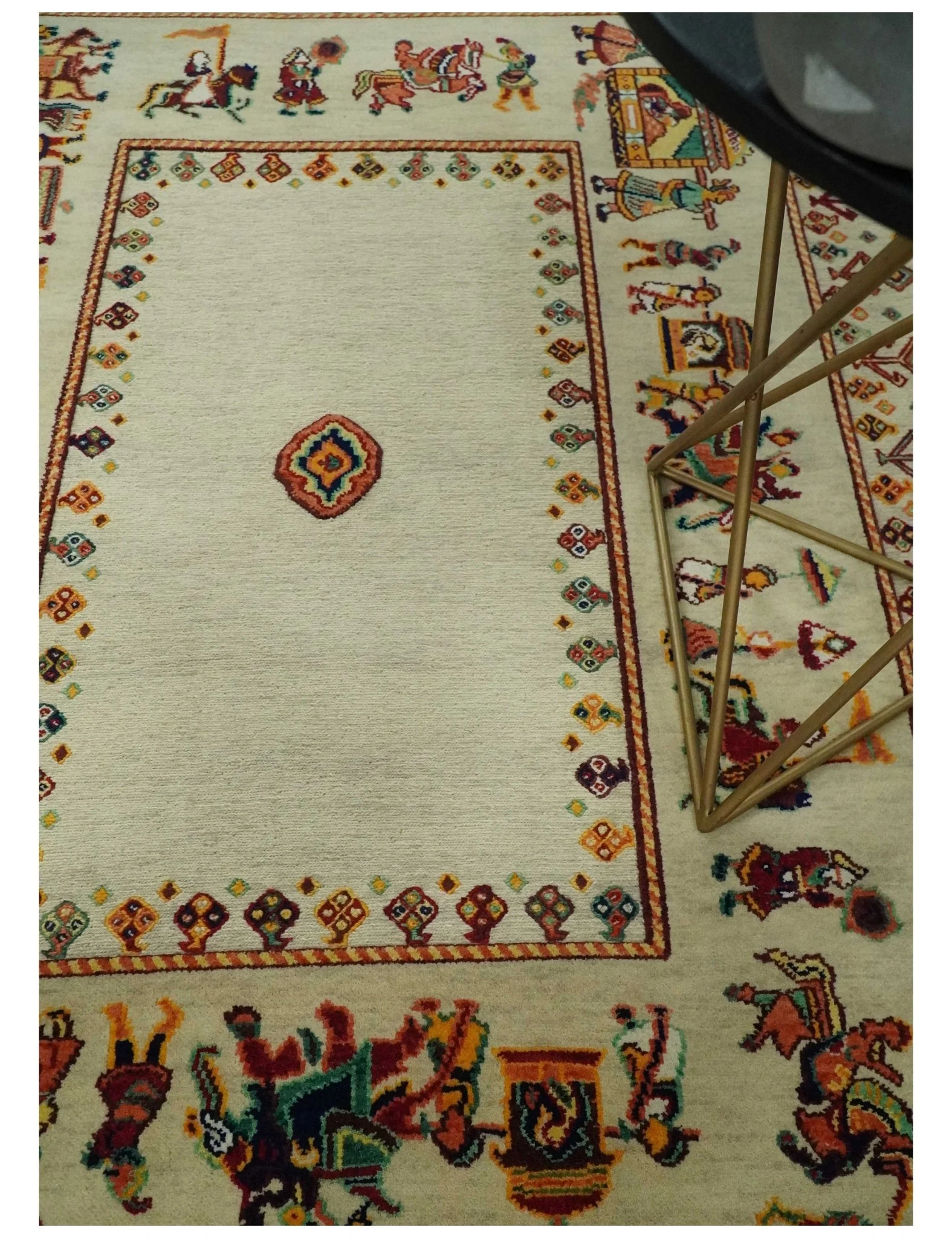 5x7 Flatwoven Soumak, Ivory and Beige Indian Wedding, Hand Spun Wool Hand Knotted Southwestern Gabbeh Rug | KNT42 - Image 3