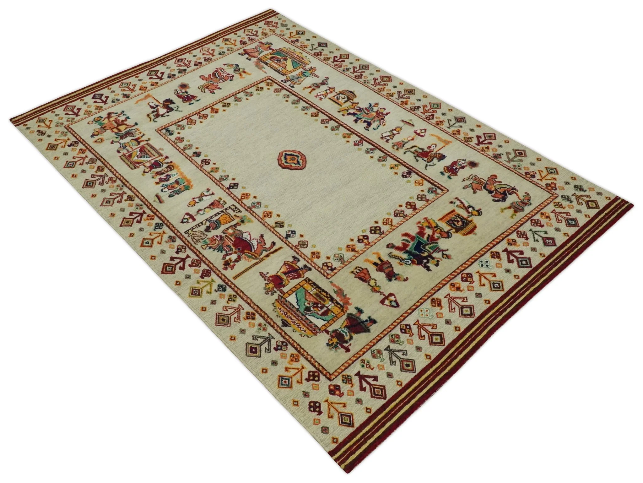 5x7 Flatwoven Soumak, Ivory and Beige Indian Wedding, Hand Spun Wool Hand Knotted Southwestern Gabbeh Rug | KNT42 - Image 4