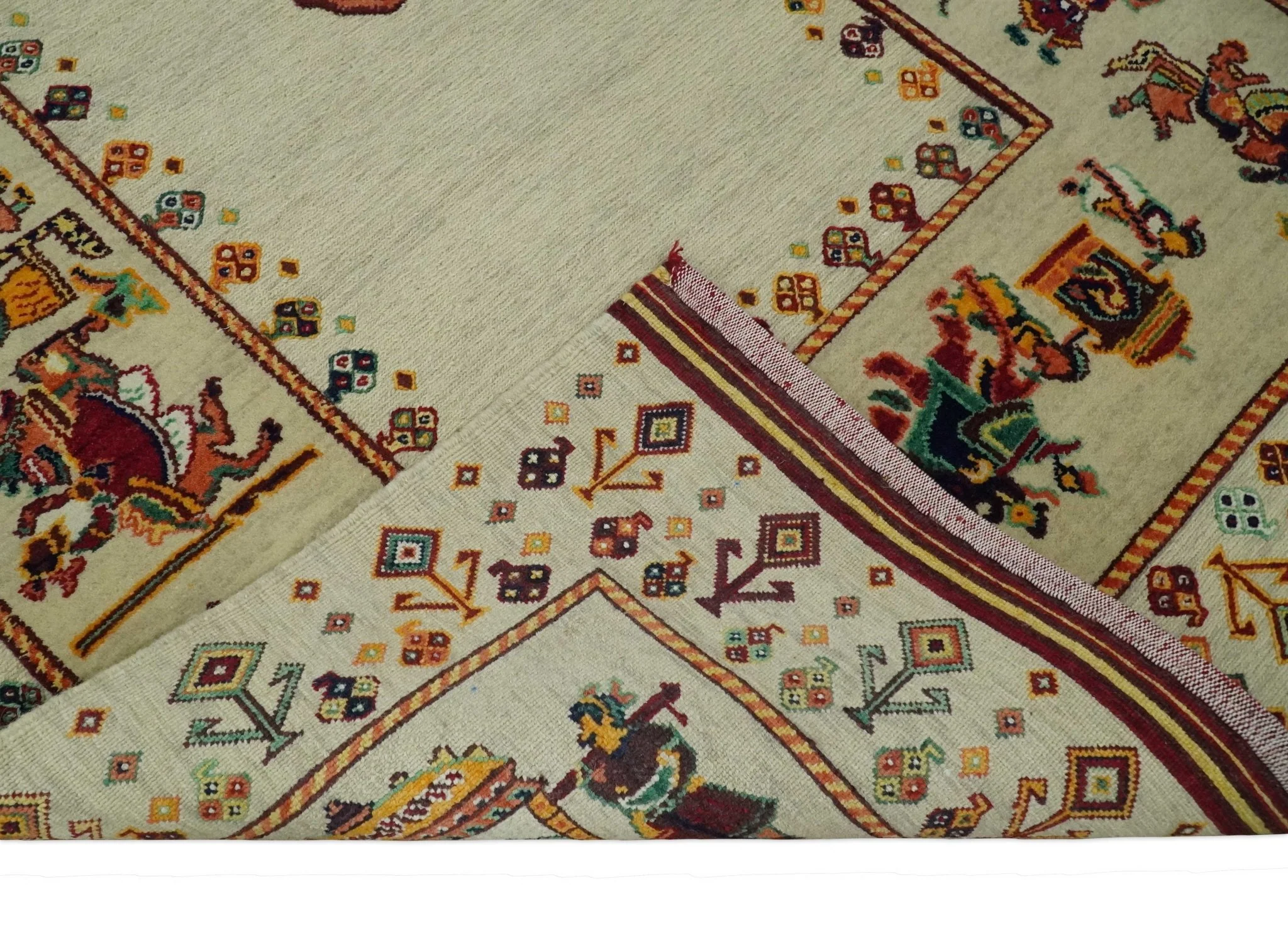 5x7 Flatwoven Soumak, Ivory and Beige Indian Wedding, Hand Spun Wool Hand Knotted Southwestern Gabbeh Rug | KNT42 - Image 5