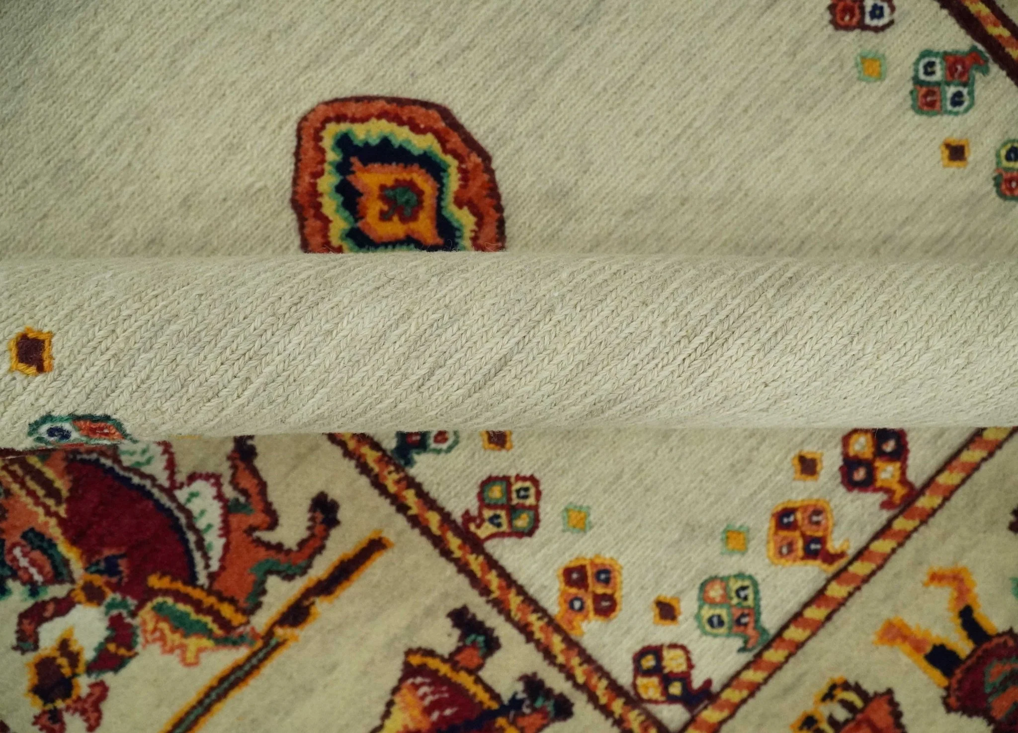 5x7 Flatwoven Soumak, Ivory and Beige Indian Wedding, Hand Spun Wool Hand Knotted Southwestern Gabbeh Rug | KNT42 - Image 6