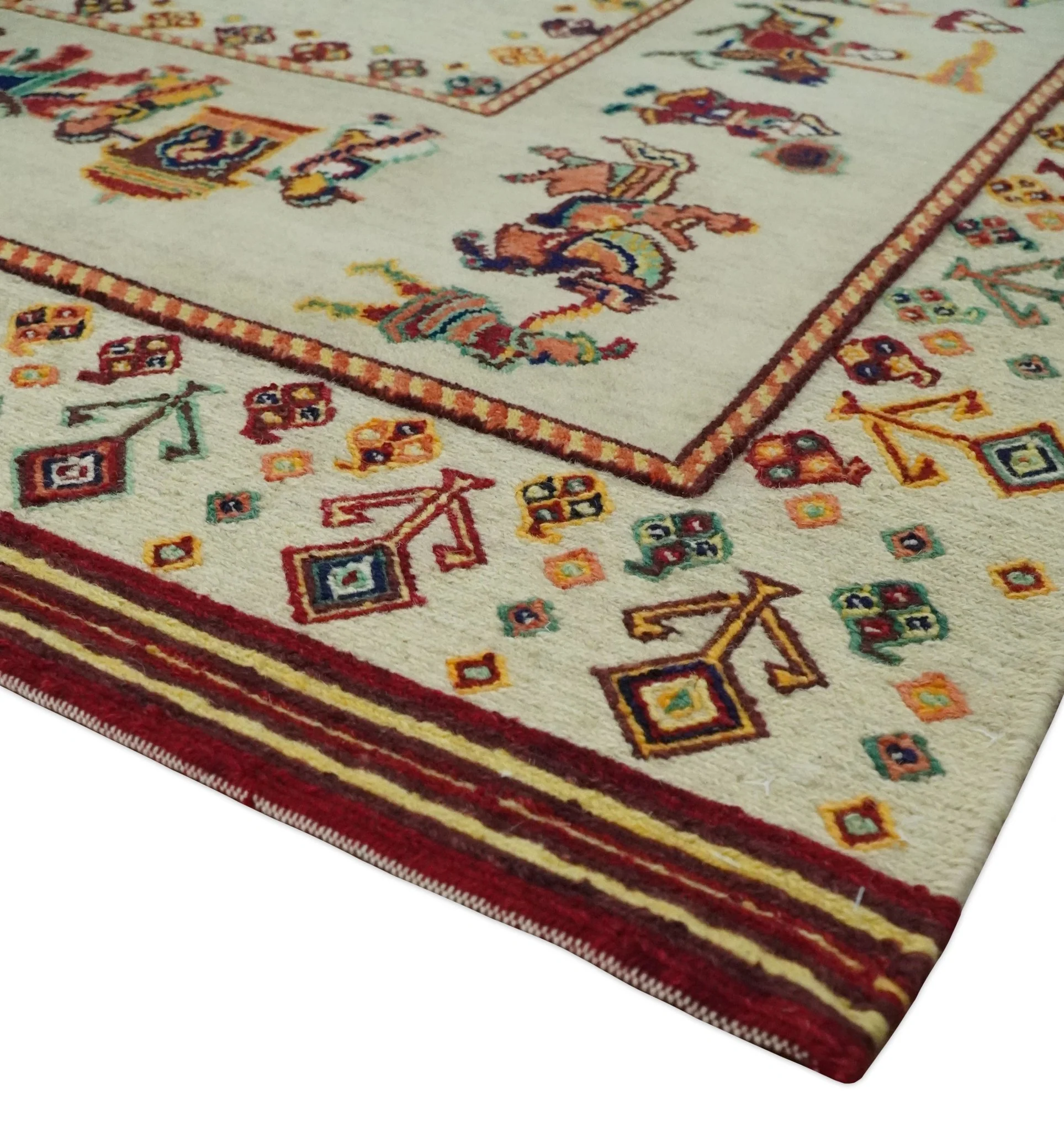 5x7 Flatwoven Soumak, Ivory and Beige Indian Wedding, Hand Spun Wool Hand Knotted Southwestern Gabbeh Rug | KNT42 - Image 7