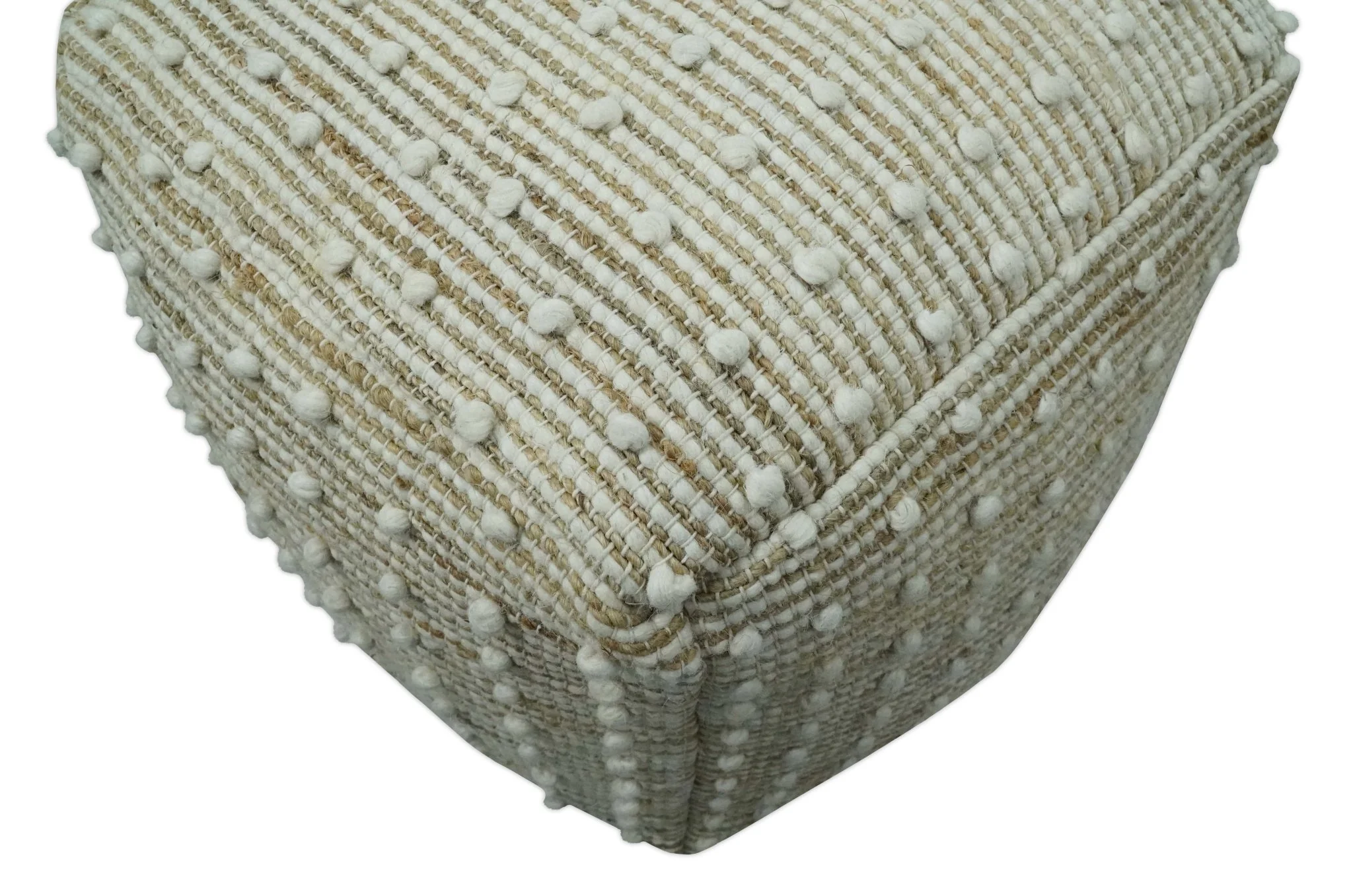 Ivory and Beige Hand Woven Stripes Design jute and wool Pouf - Image 6