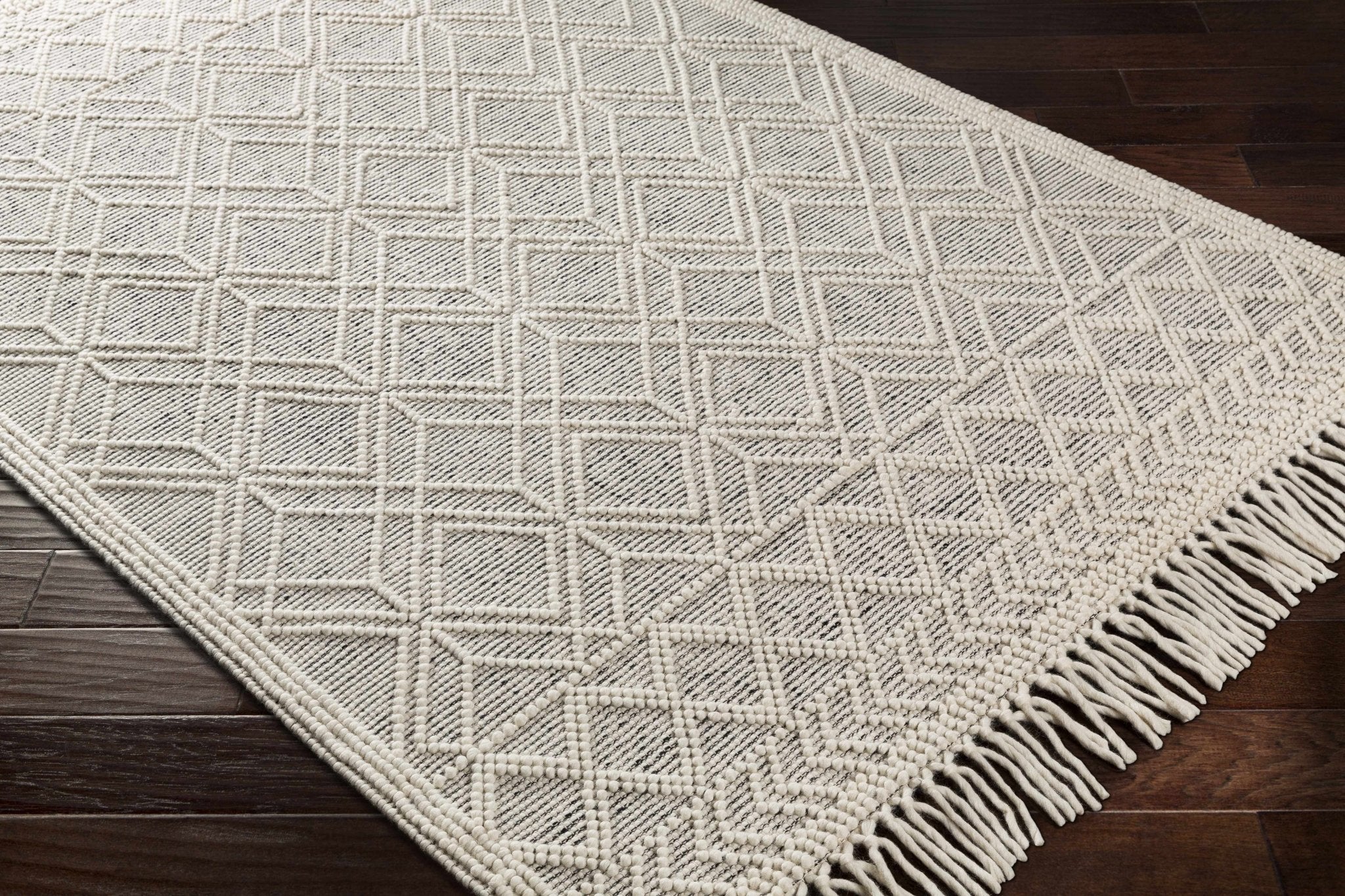 Transitional Hand Woven Ivory and Beige Tasseled Texture Wool Cotton Blended Rug - Image 11