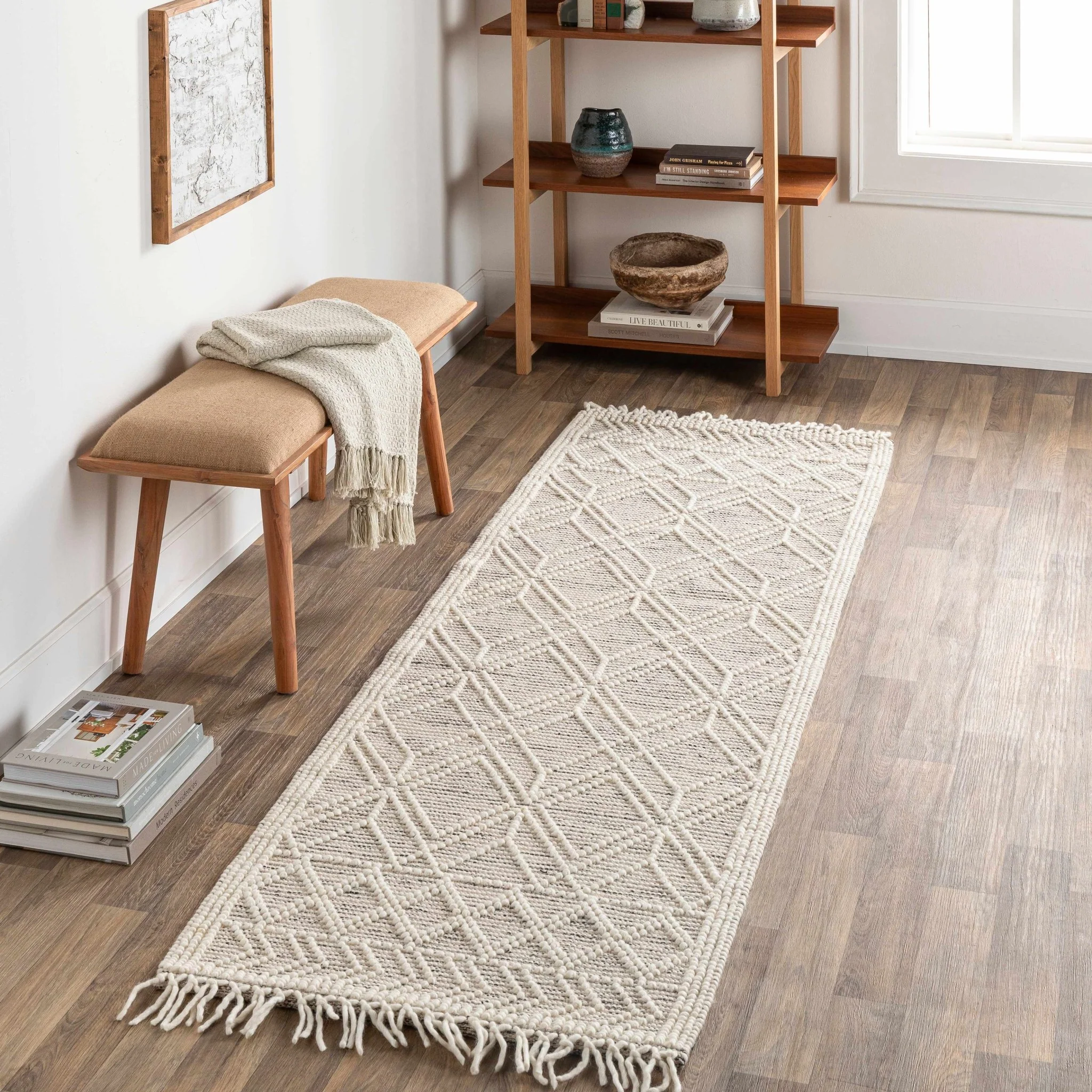 Transitional Hand Woven Ivory and Beige Tasseled Texture Wool Cotton Blended Rug - Image 4