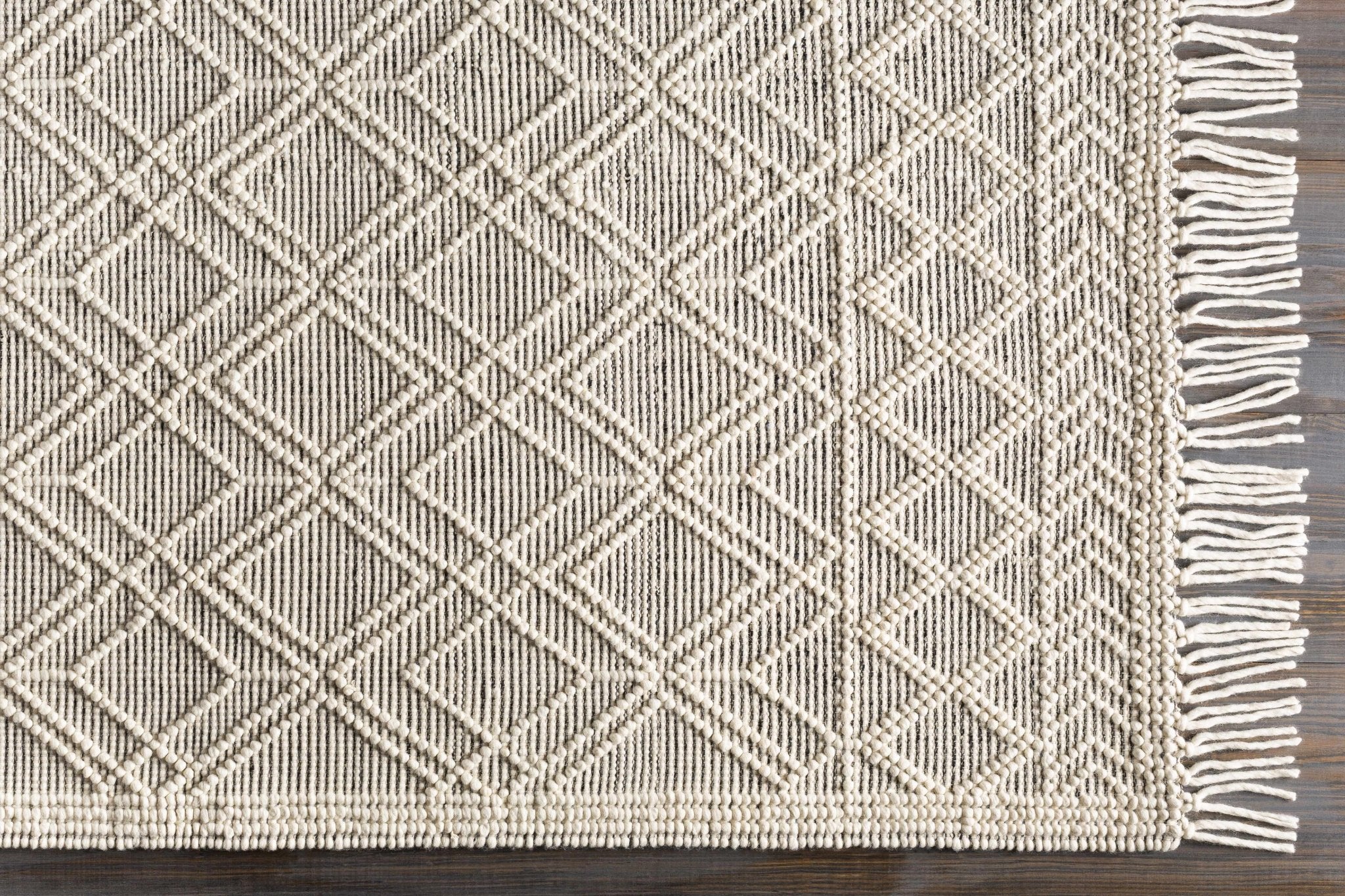 Transitional Hand Woven Ivory and Beige Tasseled Texture Wool Cotton Blended Rug - Image 5